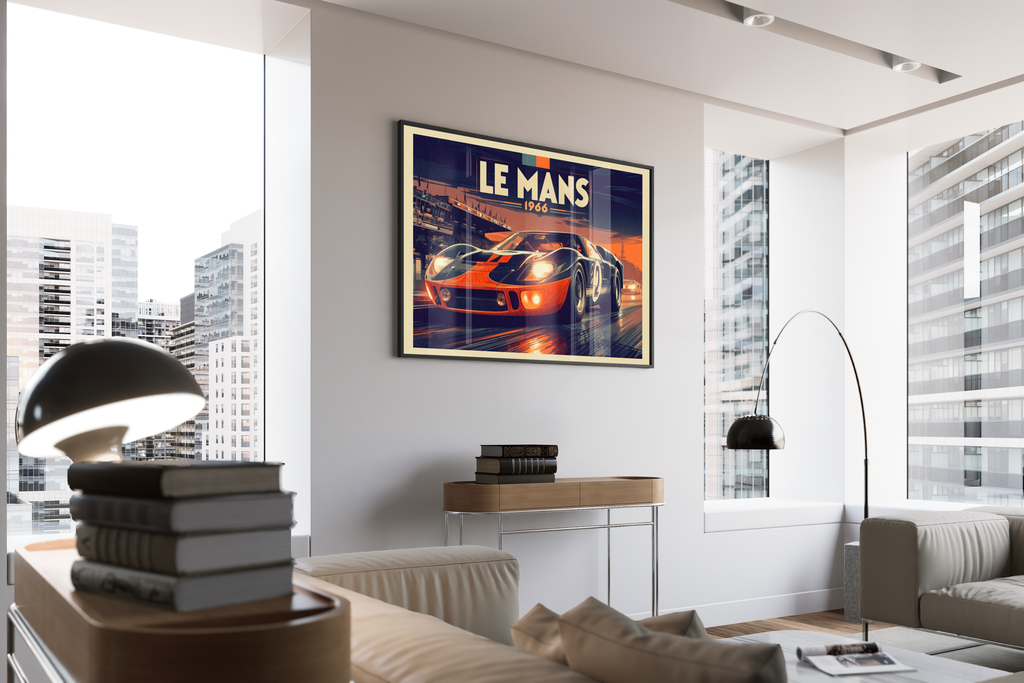 Le Mans 1966 – Ford GT40 Wanddekoration Retro-Motorsport | Vintage-Siebdruck-Kunstdruck – gerahmtes Poster kaufen