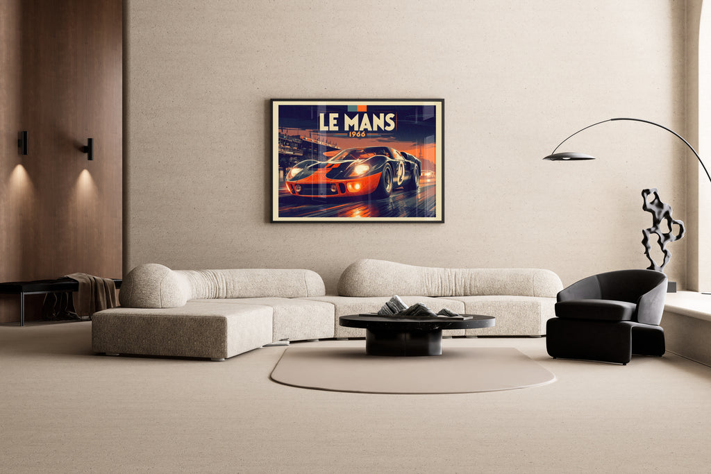 Le Mans 1966 – GT40 Rennlegende Motorsport-Kunstdruck | Vintage-Rennplakat-Optik – Wandbild im modernen Wohnzimmer