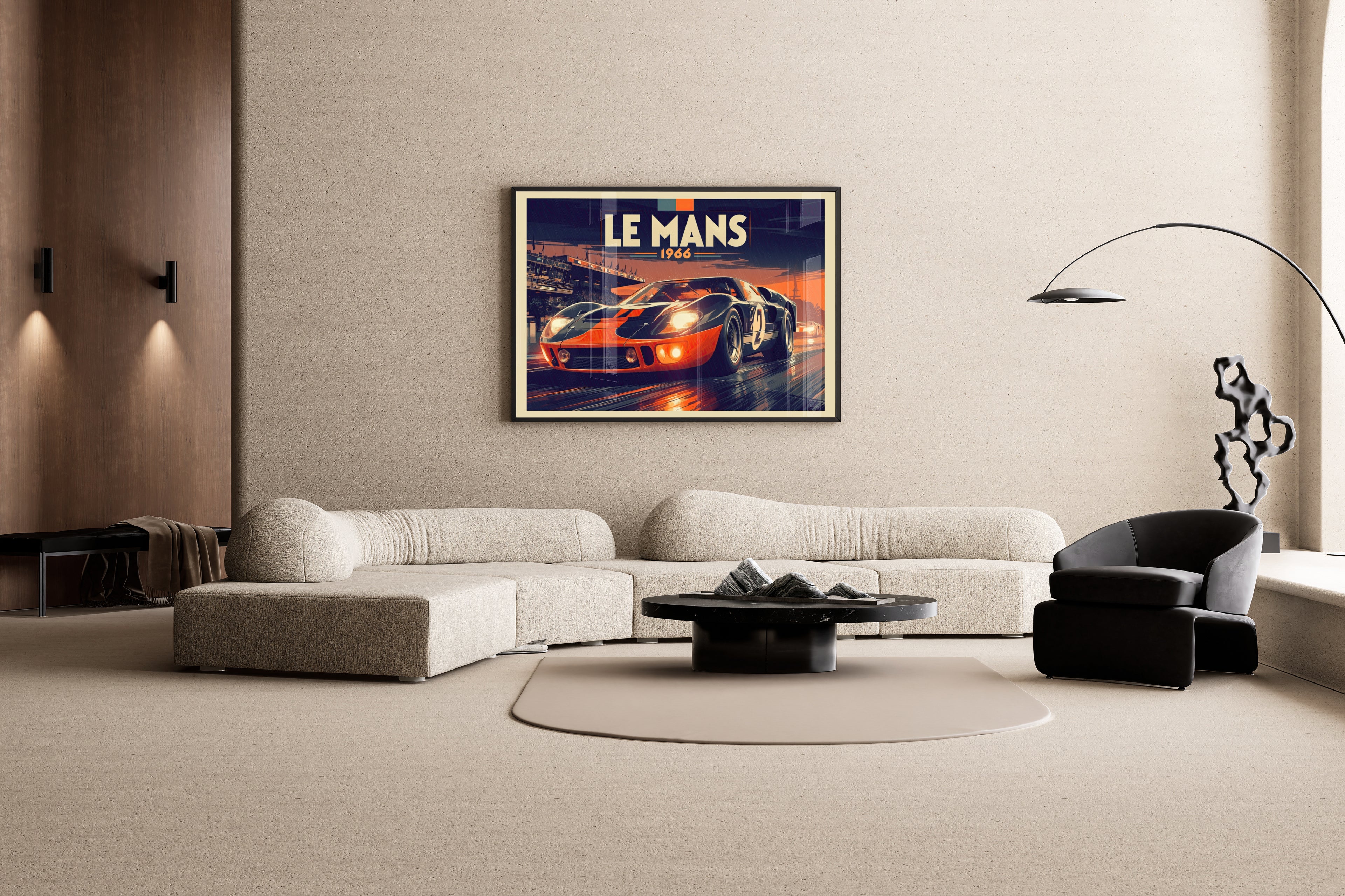Le Mans 1966 – GT40 Rennlegende Motorsport-Kunstdruck | Vintage-Rennplakat-Optik – Wandbild im modernen Wohnzimmer