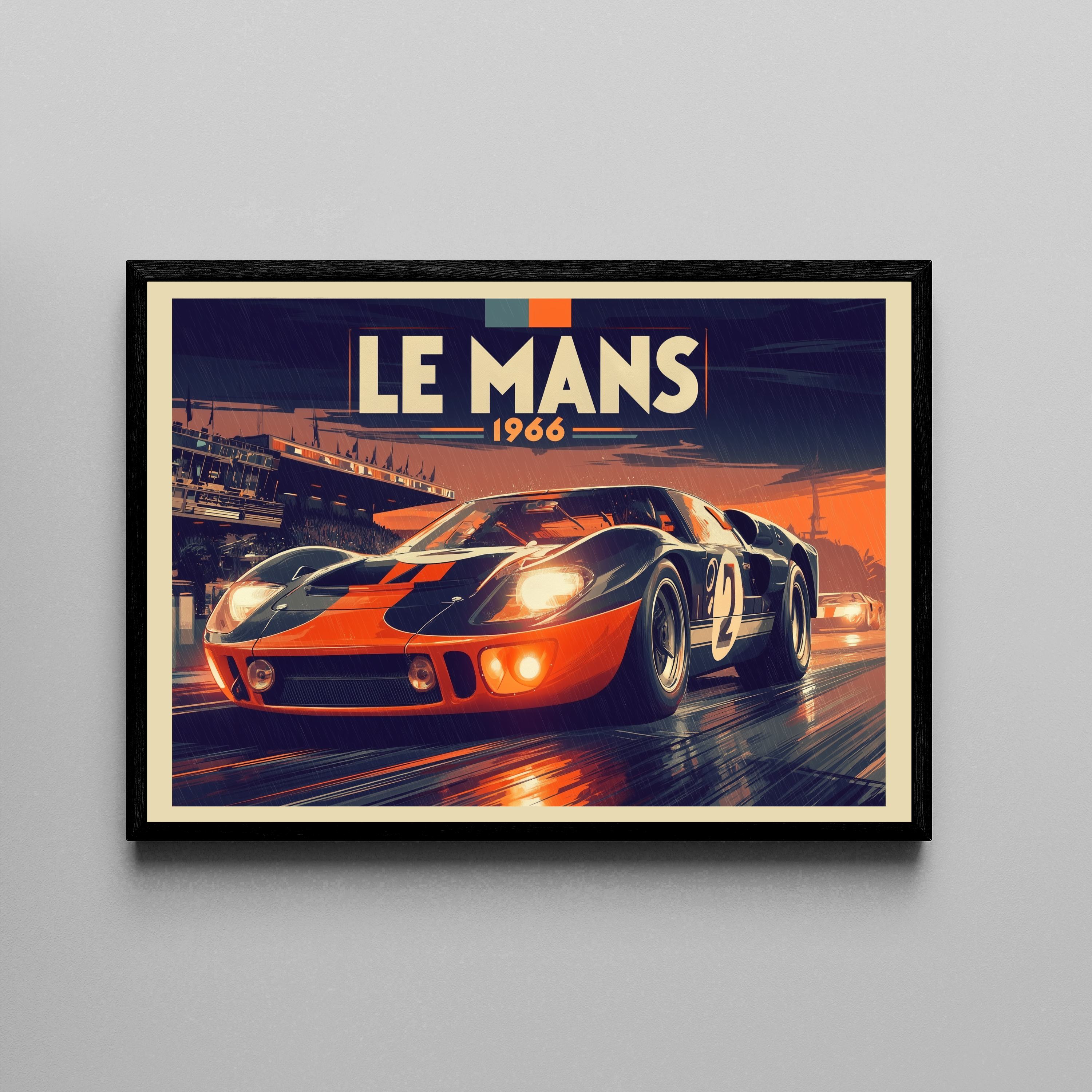 Le Mans 1966 – Ford GT40 Rennwagen dramatische Regenszene | Siebdruck-Stil Fine Art Poster – Poster im schwarzen Rahmen