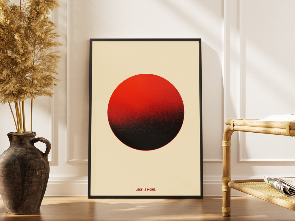 LESS IS MORE – minimalistischer Kunstdruck mit roter Sonne auf beigem Hintergrund – gerahmtes Poster kaufen
