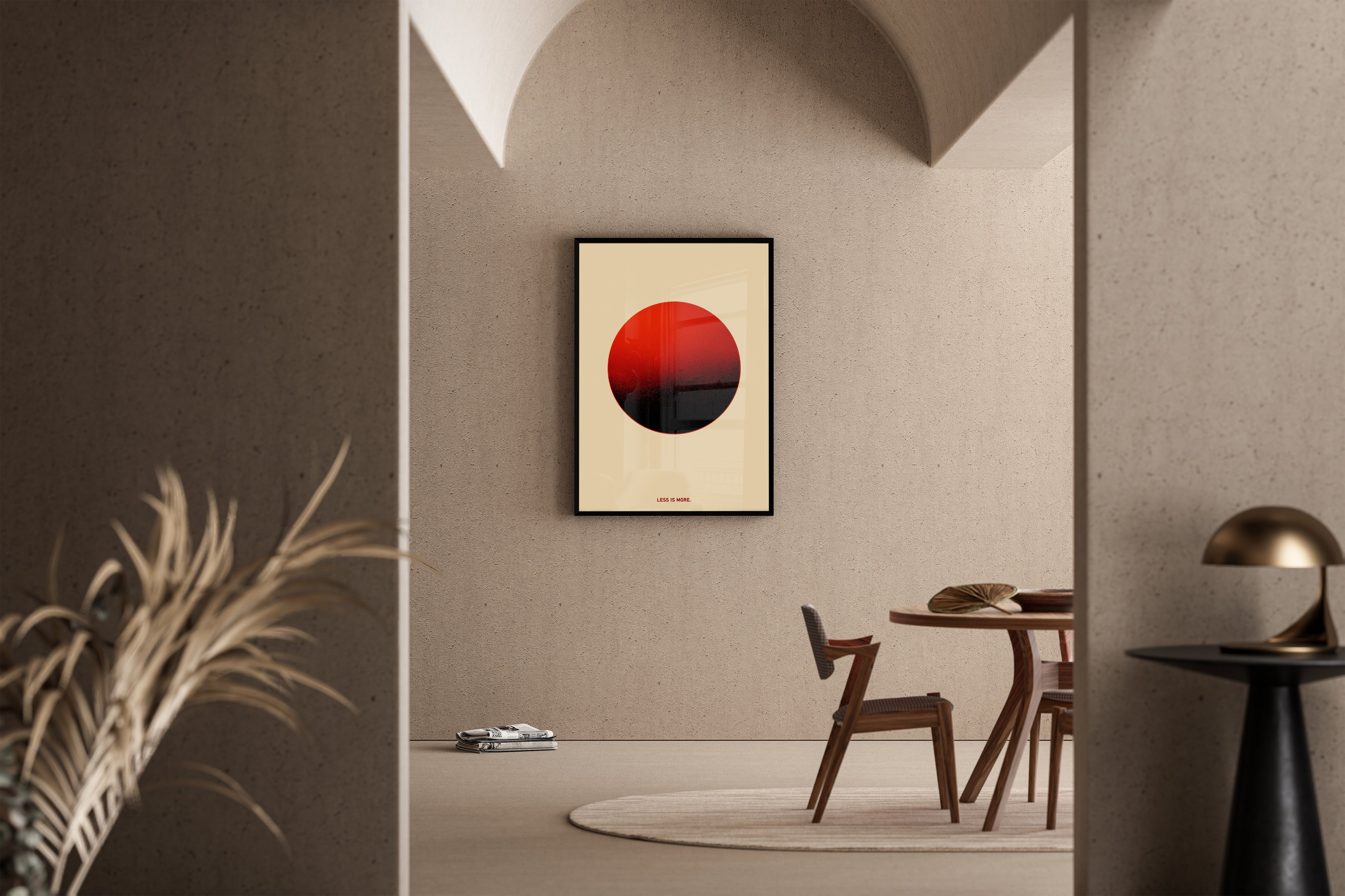 LESS IS MORE – minimalistischer Kunstdruck mit roter Sonne auf beigem Hintergrund – Poster im Esszimmer