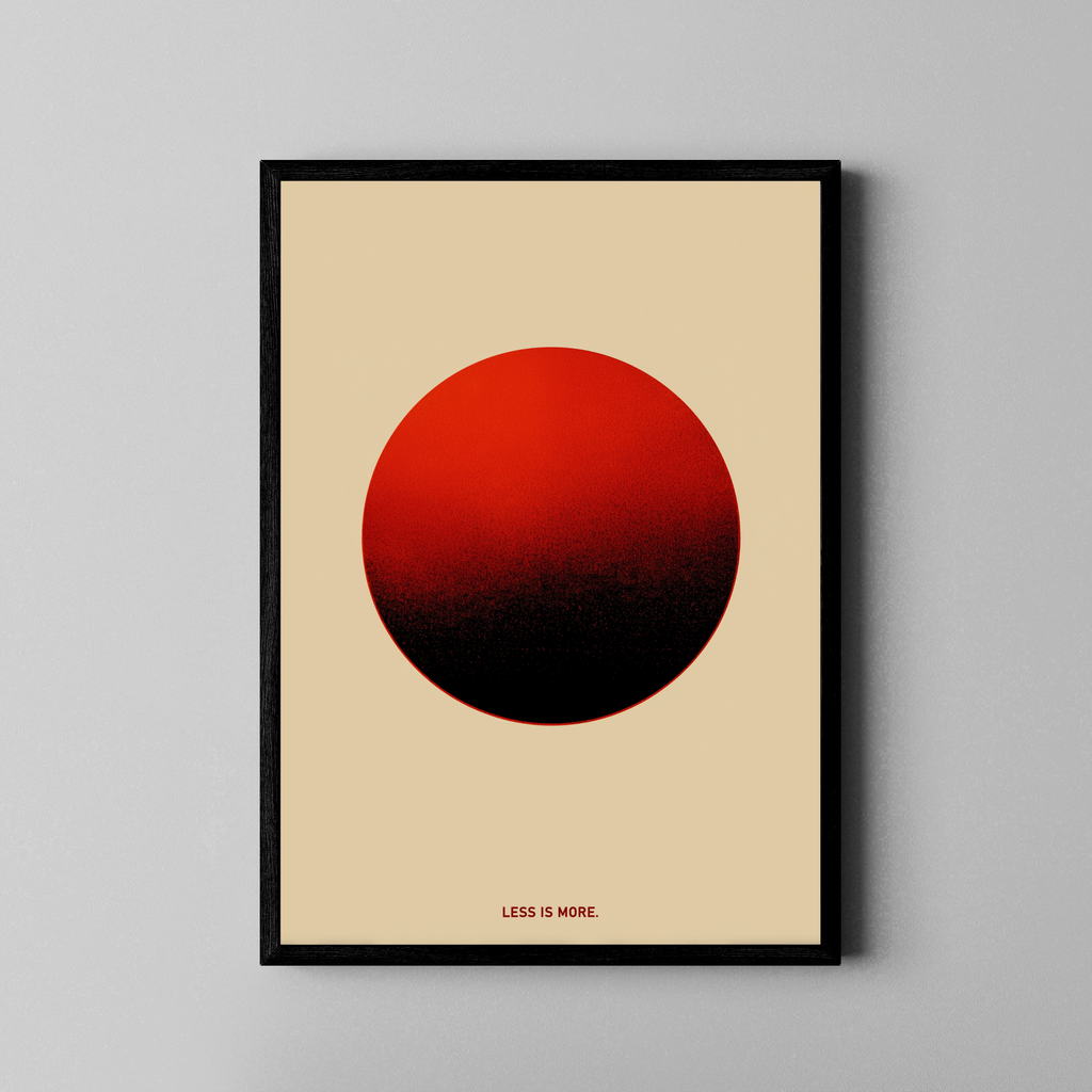 LESS IS MORE – minimalistischer Kunstdruck mit roter Sonne auf beigem Hintergrund – Poster im schwarzen Rahmen