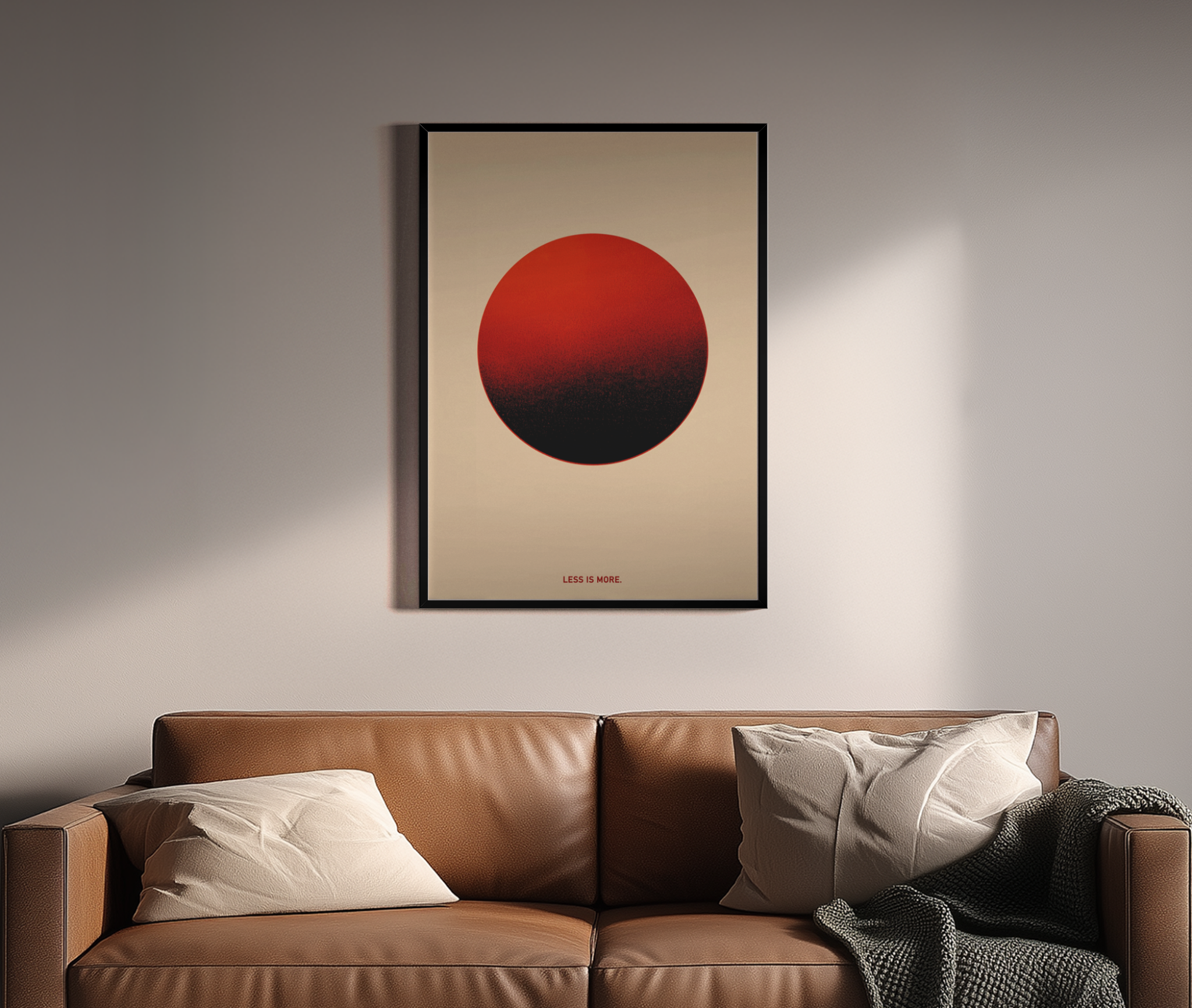 LESS IS MORE – minimalistischer Kunstdruck mit roter Sonne auf beigem Hintergrund – Wandbild über braunem Ledersofa