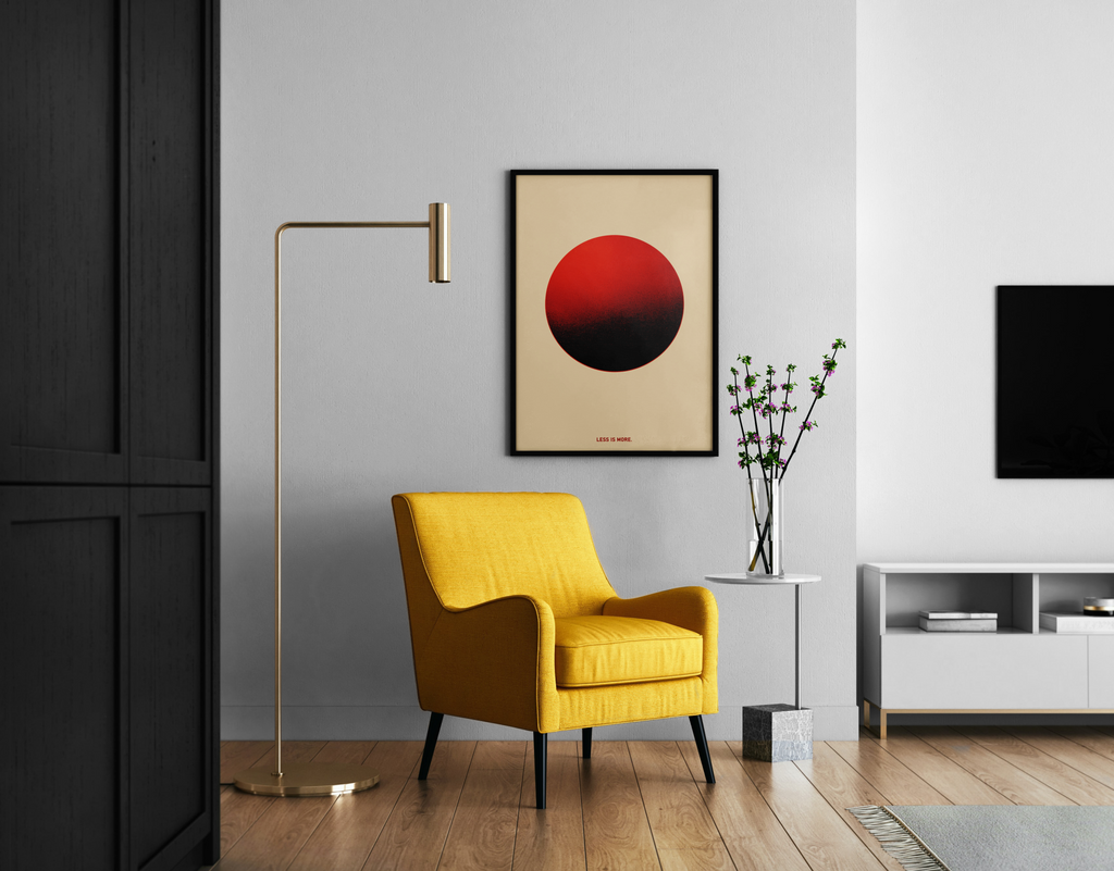 LESS IS MORE – minimalistischer Kunstdruck mit roter Sonne auf beigem Hintergrund – Wandbild im modernen Wohnzimmer