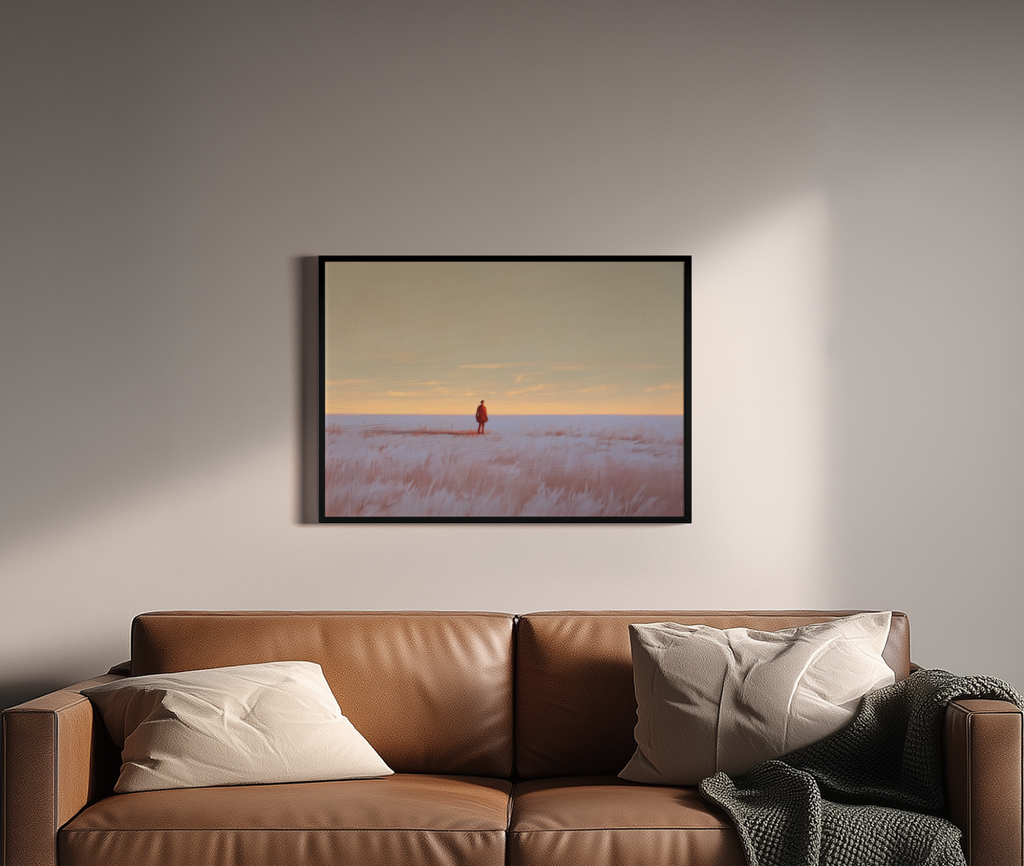Lone Prairie Ölgemälde-Kunstdruck – einsame Figur Sonnenuntergang – Wandbild über braunem Ledersofa