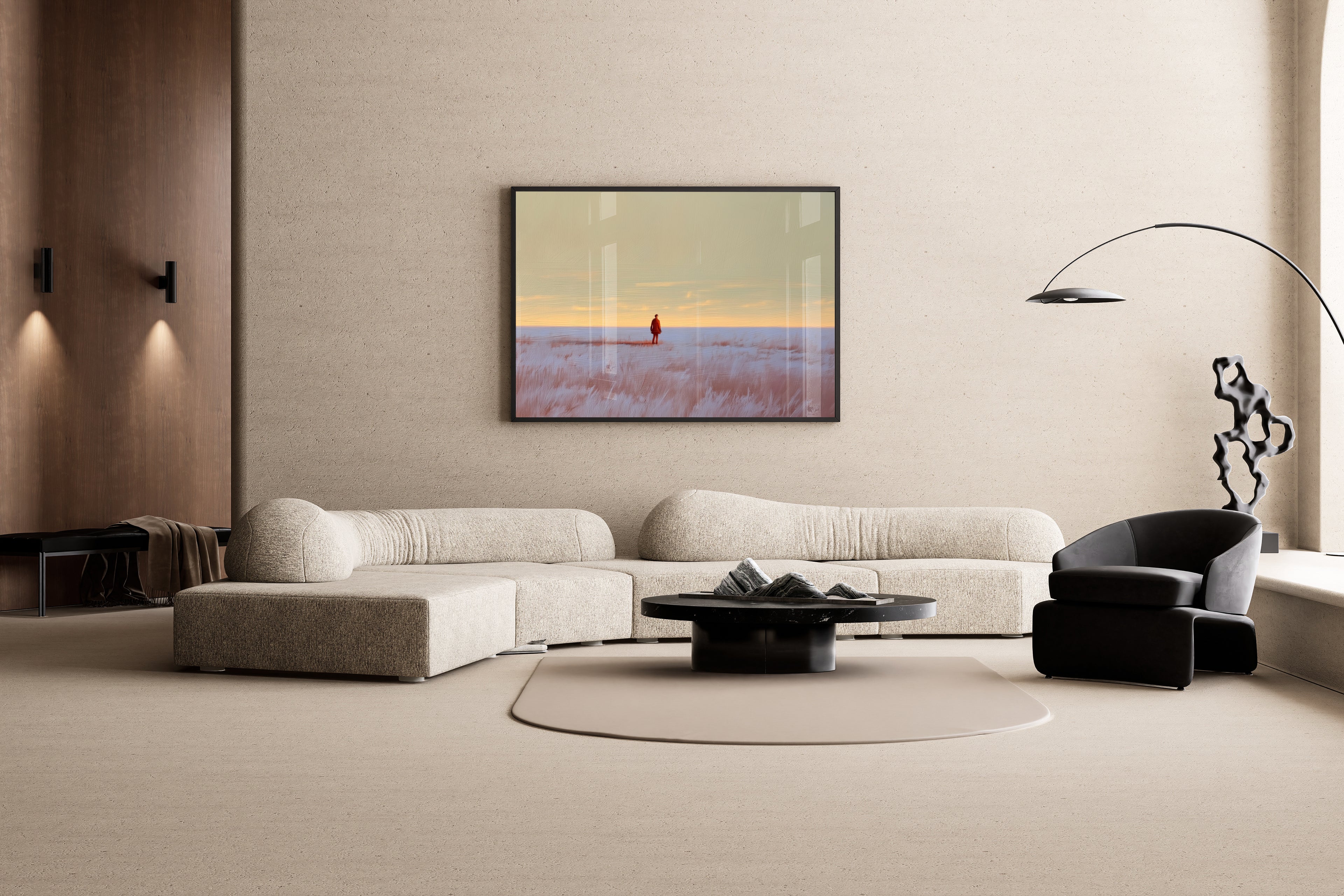 Lone Prairie | Figur in weiter Landschaft Abendhimmel – Ölgemälde Wandbild im modernen Wohnzimmer