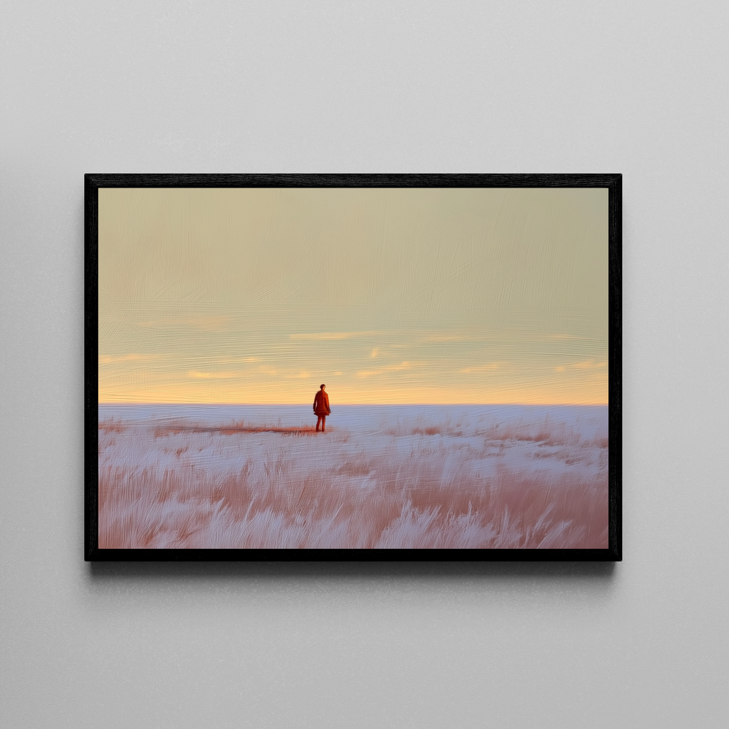 Lone Prairie – Figur im Abendlicht weite Graslandschaft | Ölgemälde – Poster im schwarzen Rahmen