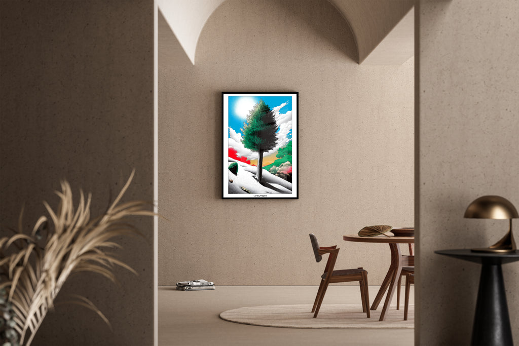 Lonely Pagona – einsamer Baum in surrealer Pop-Art Landschaft mit Punktraster – Kunstdruck im mediterranen Esszimmer