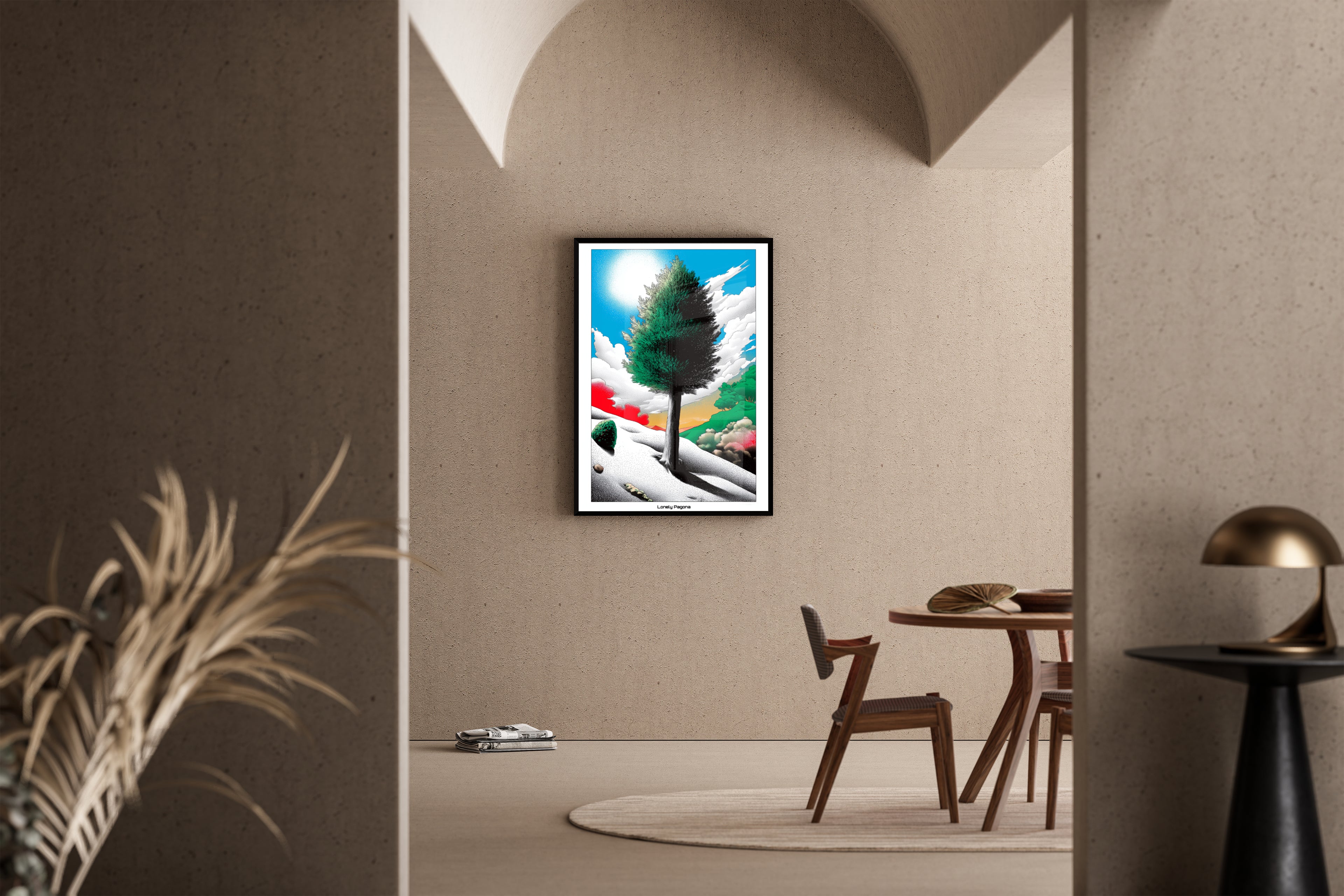 Lonely Pagona – einsamer Baum in surrealer Pop-Art Landschaft mit Punktraster – Kunstdruck im mediterranen Esszimmer