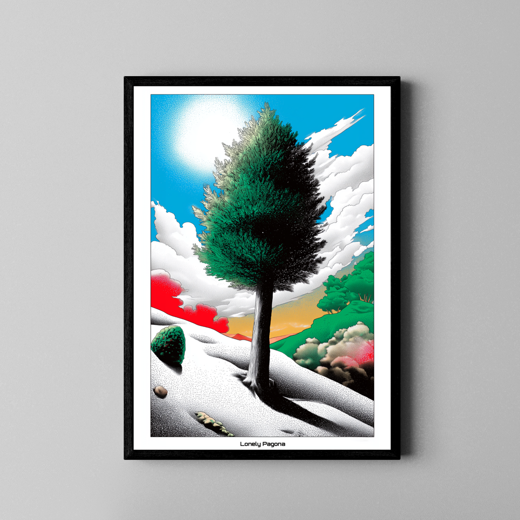 Lonely Pagona – einsamer Baum in surrealer Pop-Art Landschaft mit Punktraster – Poster im schwarzen Rahmen