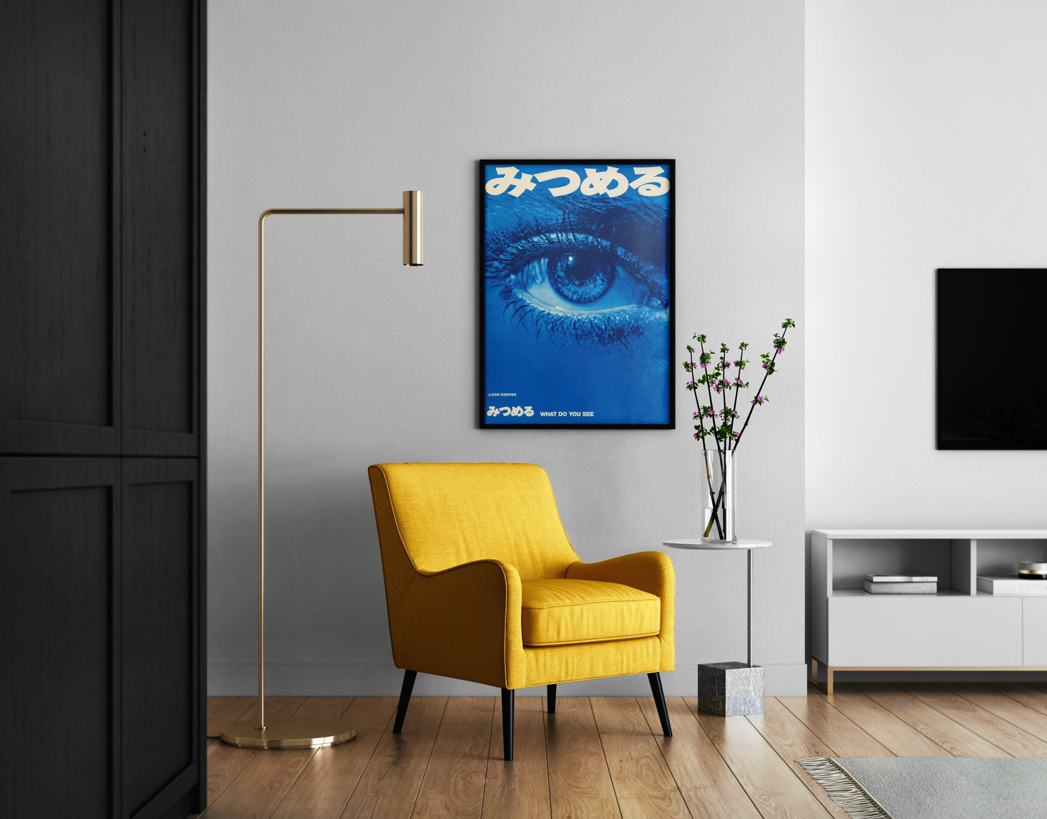 Look Deeper – Japan-inspiriertes Augen-Motiv | Riso-Druck-Optik – Wandbild im modernen Wohnzimmer