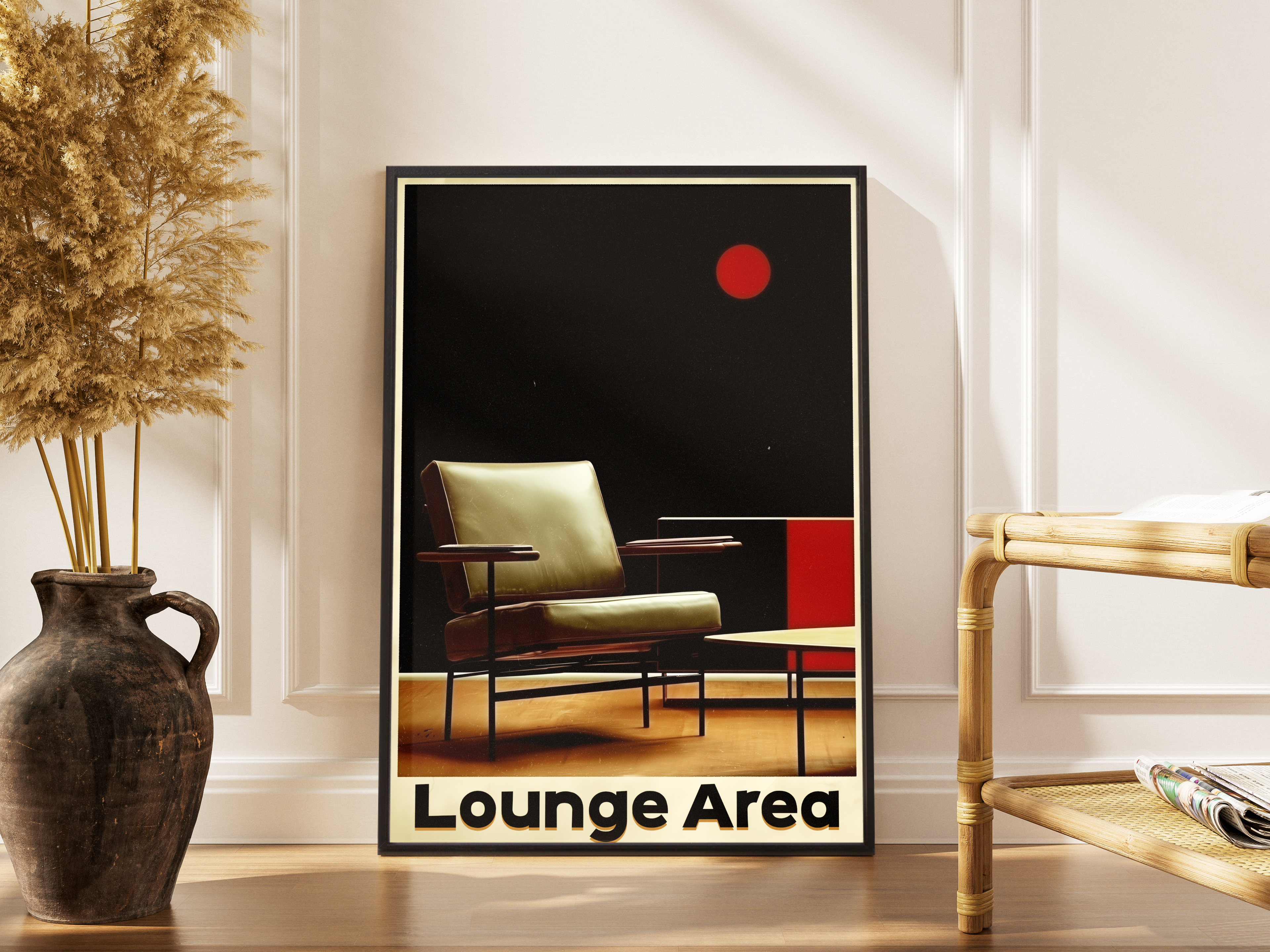 Lounge Area Schriftzug mit Mid-Century Sessel und rotem Kreis – gerahmter Retro Kunstdruck kaufen