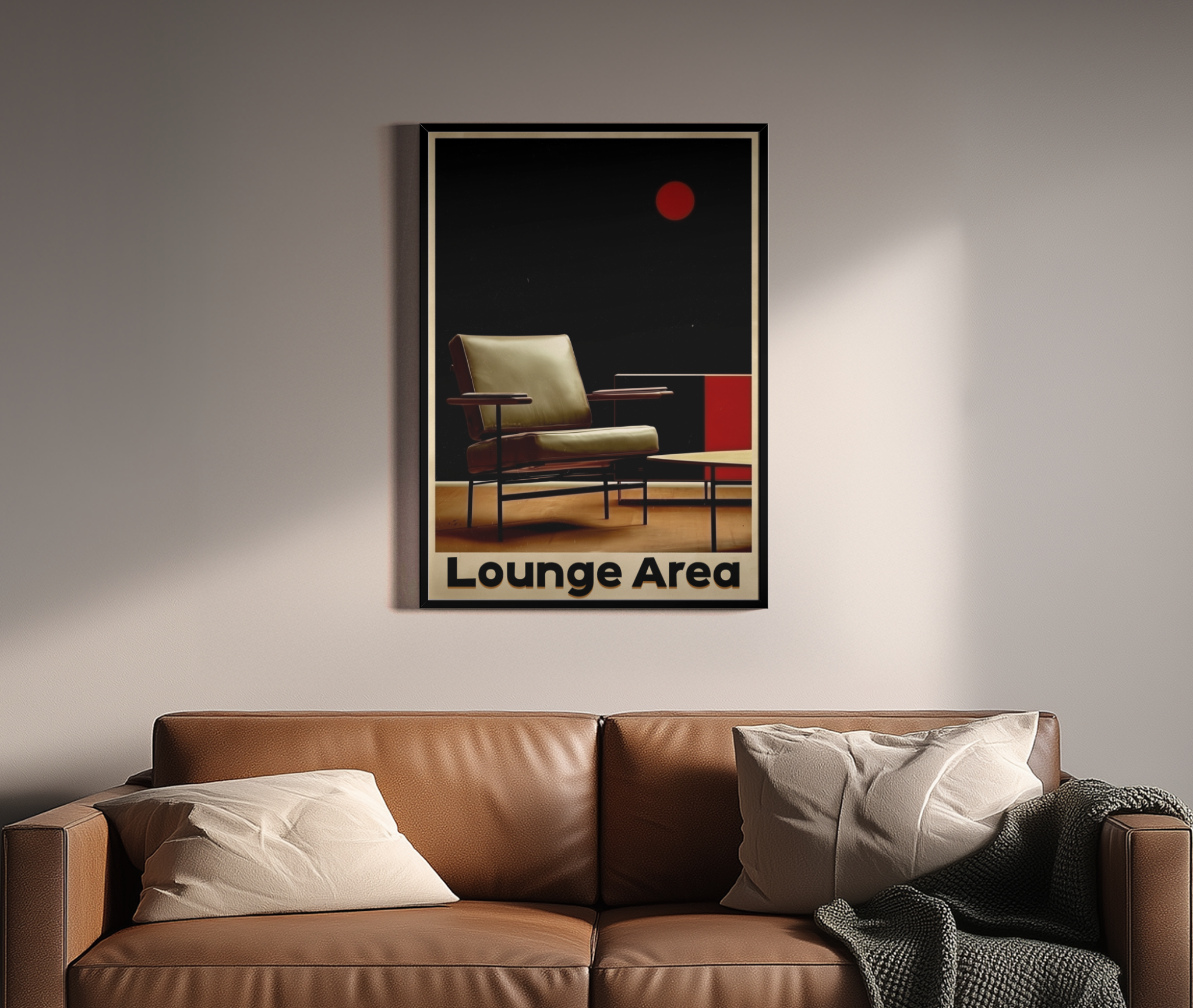 Lounge Area Schriftzug mit Mid-Century Sessel und rotem Kreis – Wandbild über braunem Ledersofa