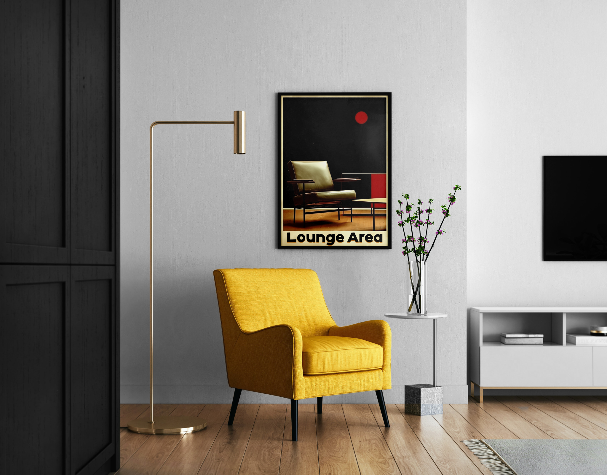 Lounge Area Schriftzug mit Mid-Century Sessel und rotem Kreis – Retro Interior Poster im modernen Wohnzimmer