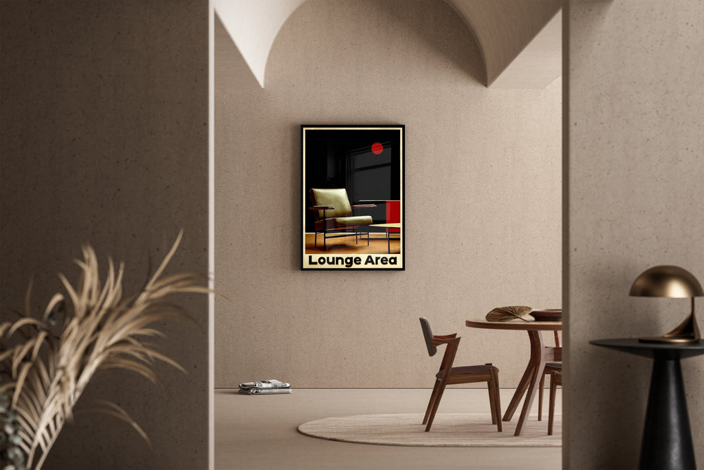 Lounge Area Schriftzug mit Mid-Century Sessel und rotem Kreis – Kunstdruck im mediterranen Esszimmer