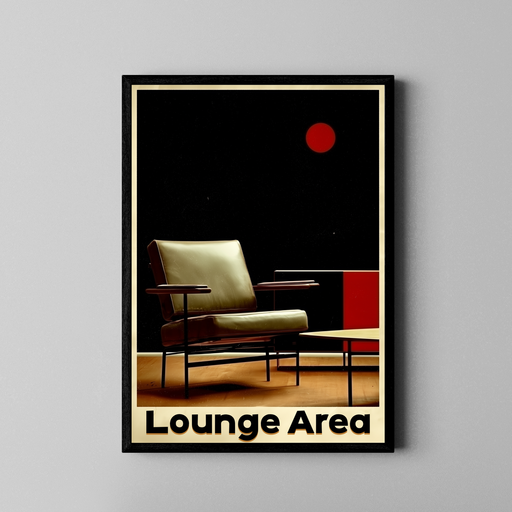Lounge Area Schriftzug mit Mid-Century Sessel und rotem Kreis – Retro Poster im schwarzen Rahmen