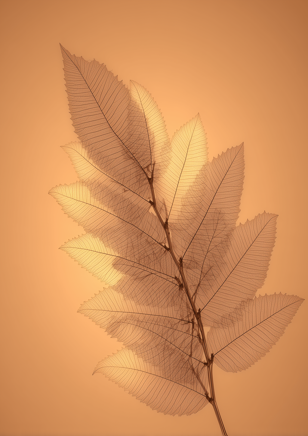 Transparente Skelettblätter auf warmem Orangehintergrund – minimalistischer Fine Art Kunstdruck