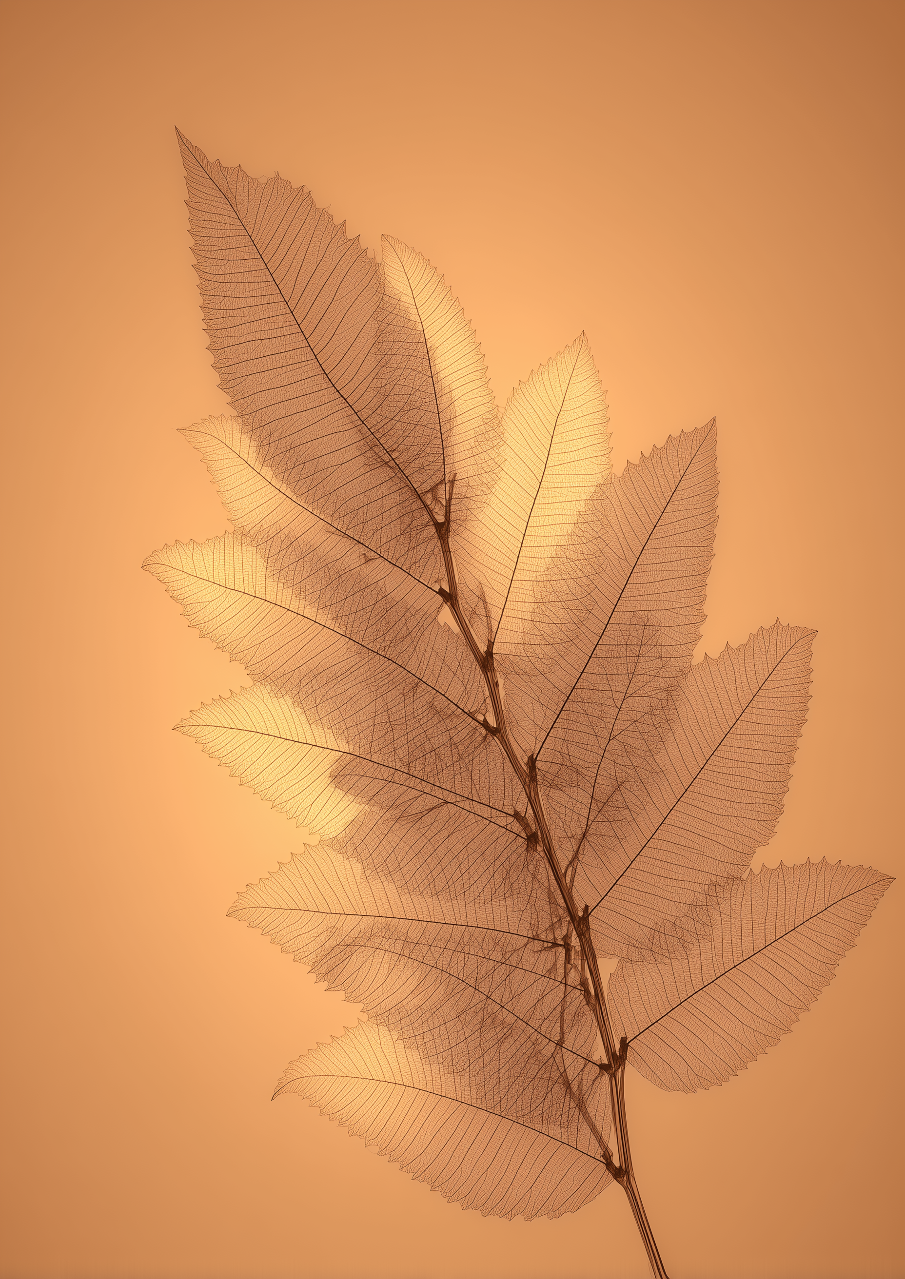 Transparente Skelettblätter auf warmem Orangehintergrund – minimalistischer Fine Art Kunstdruck