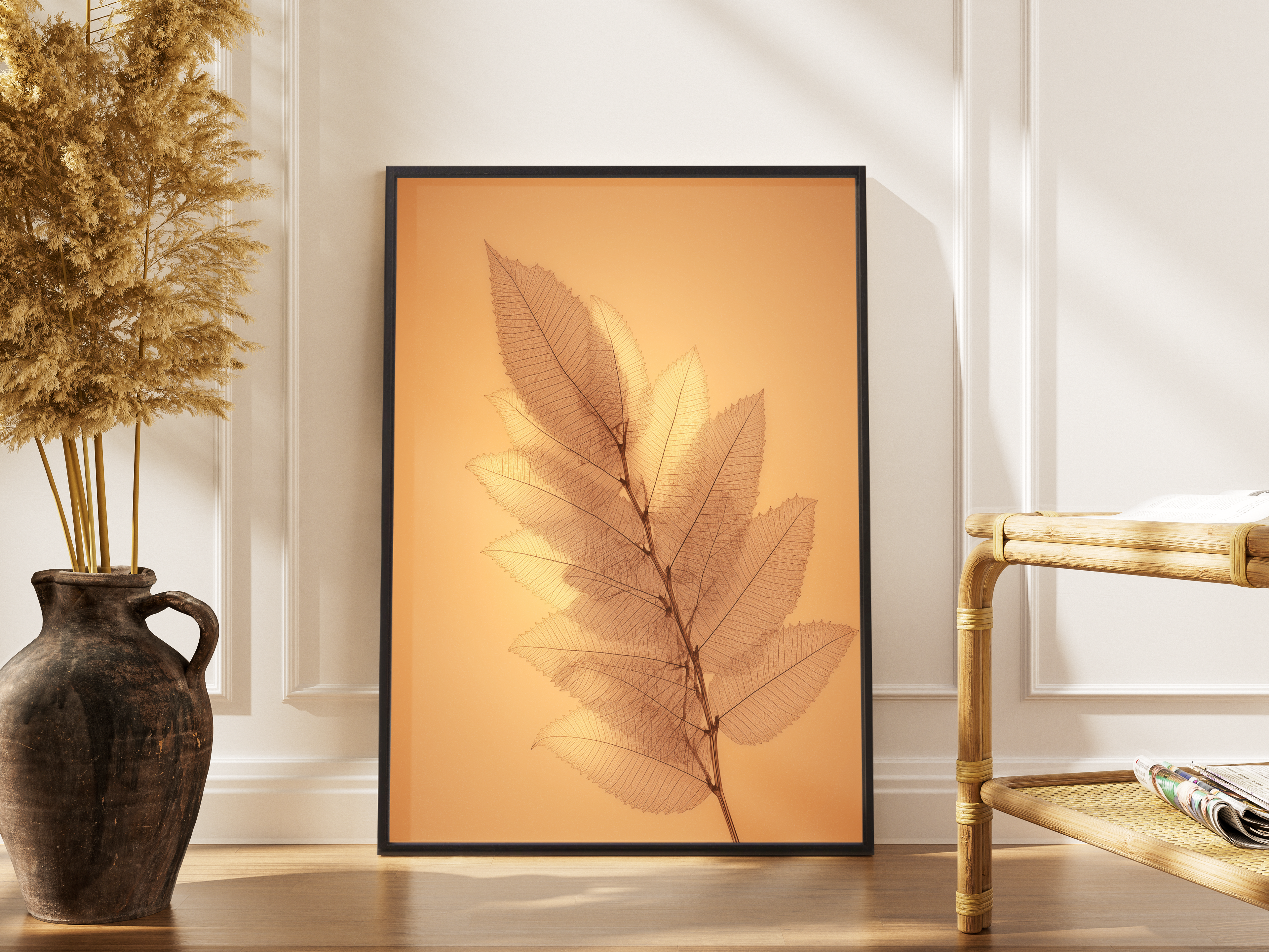 Transparente Skelettblätter auf warmem Orangehintergrund – gerahmter Kunstdruck kaufen