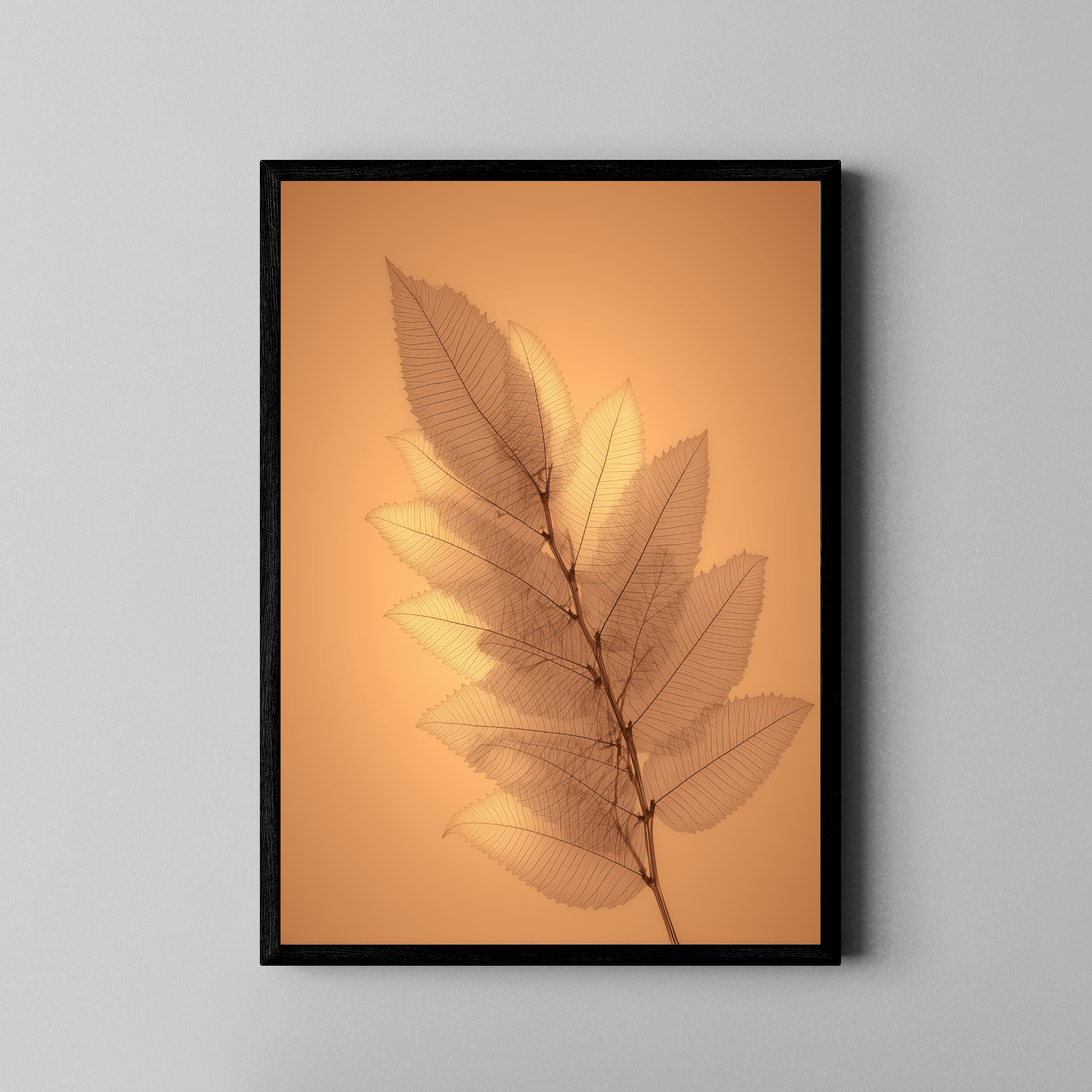 Transparente Skelettblätter auf warmem Orangehintergrund – Fine Art Poster im schwarzen Rahmen