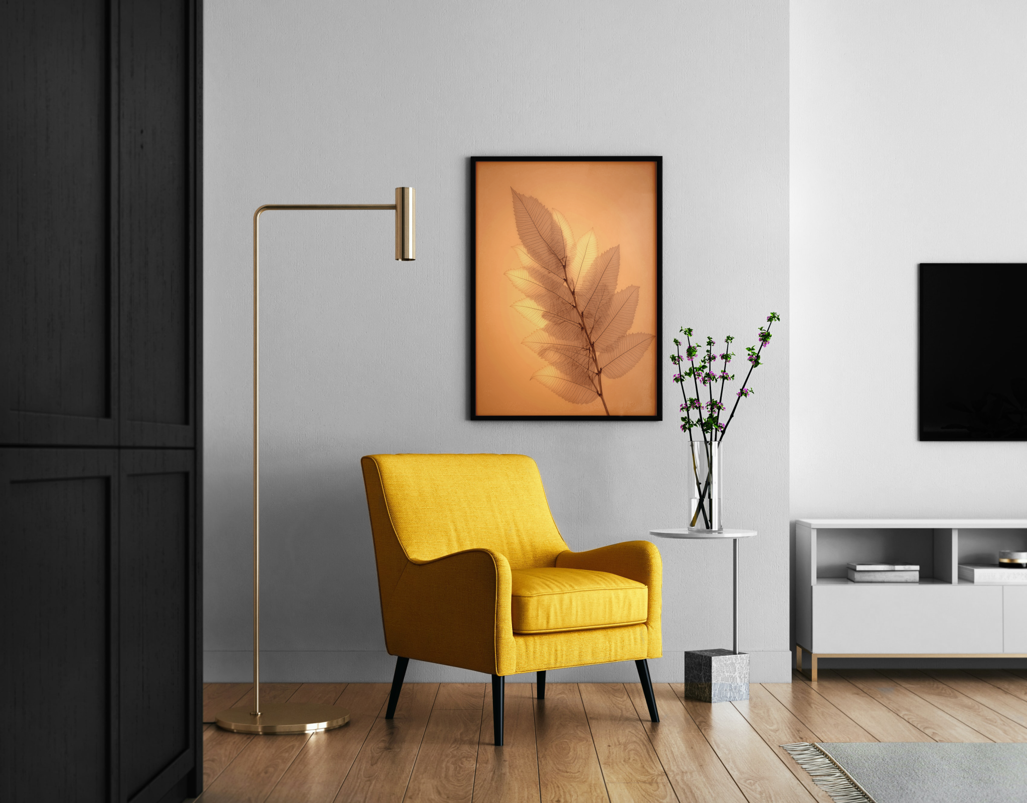 Transparente Skelettblätter auf warmem Orangehintergrund – Fine Art Poster im modernen Wohnzimmer