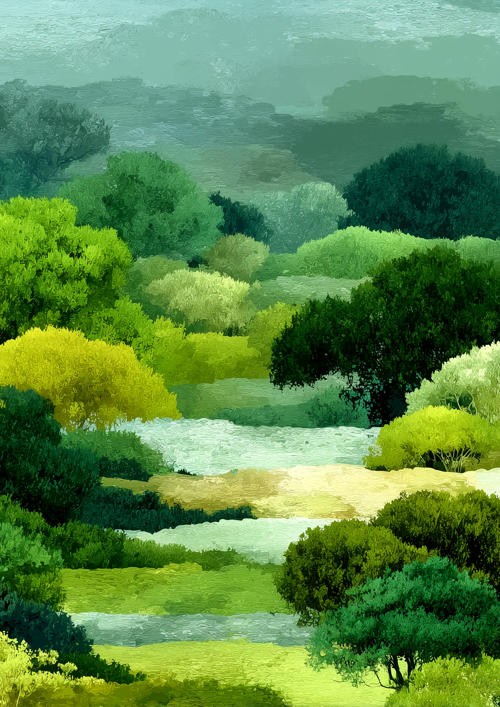 Üppige grüne Waldlandschaft mit Bach im impressionistischen Malstil – natürlicher Fine Art Kunstdruck