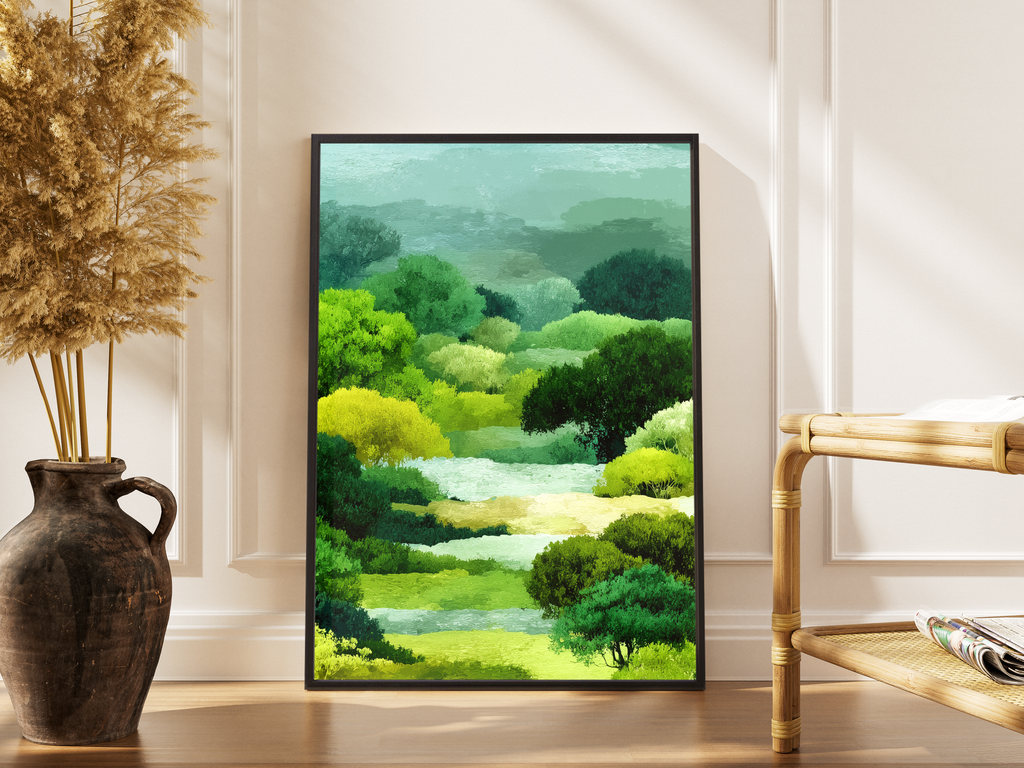 Üppige grüne Waldlandschaft mit Bach im impressionistischen Malstil – gerahmter Fine Art Kunstdruck kaufen