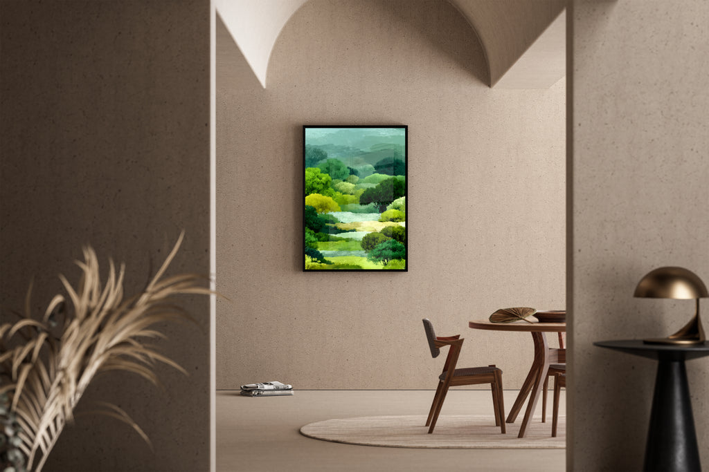 Üppige grüne Waldlandschaft mit Bach im impressionistischen Malstil – Kunstdruck im mediterranen Esszimmer