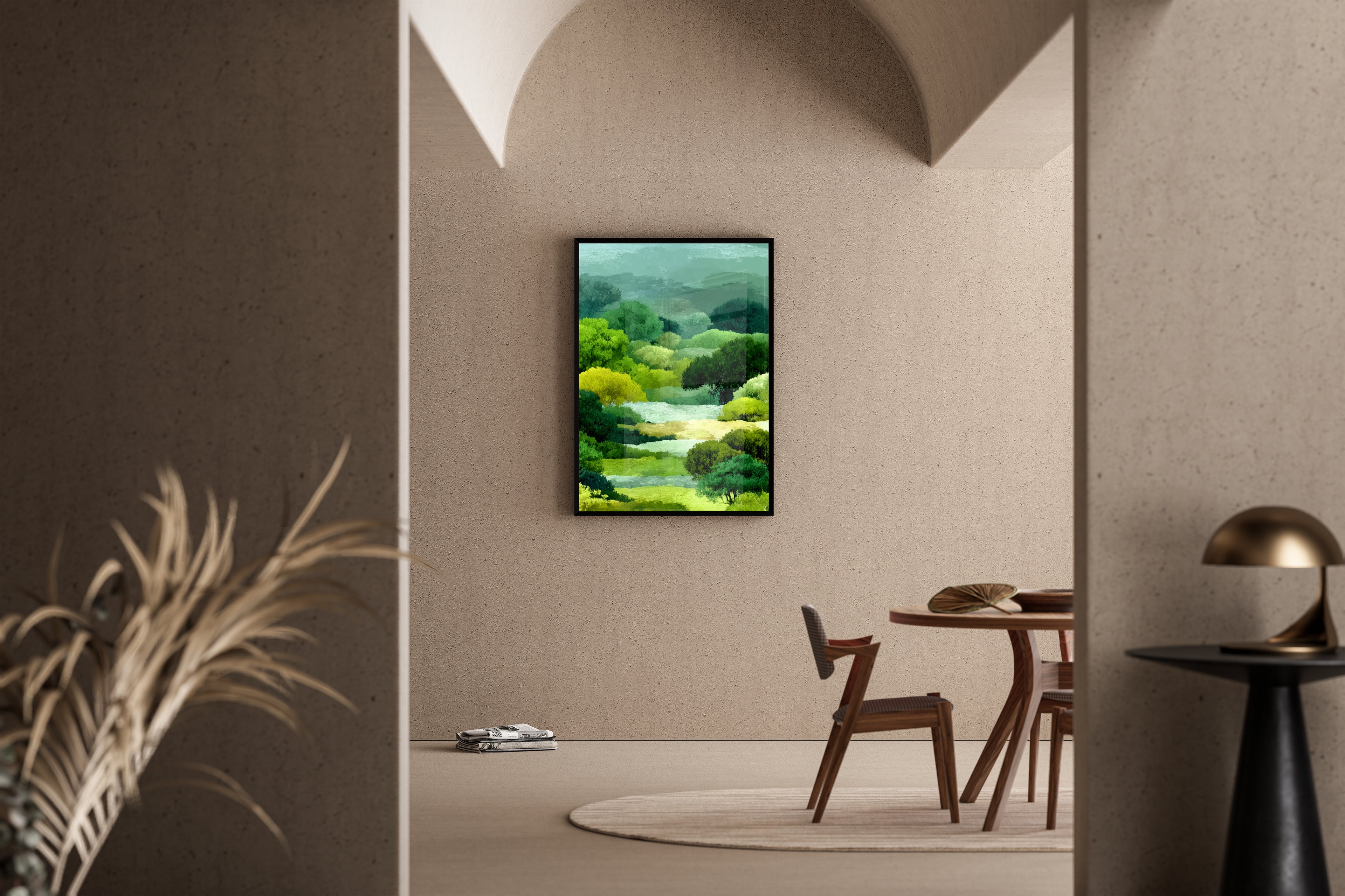 Üppige grüne Waldlandschaft mit Bach im impressionistischen Malstil – Kunstdruck im mediterranen Esszimmer