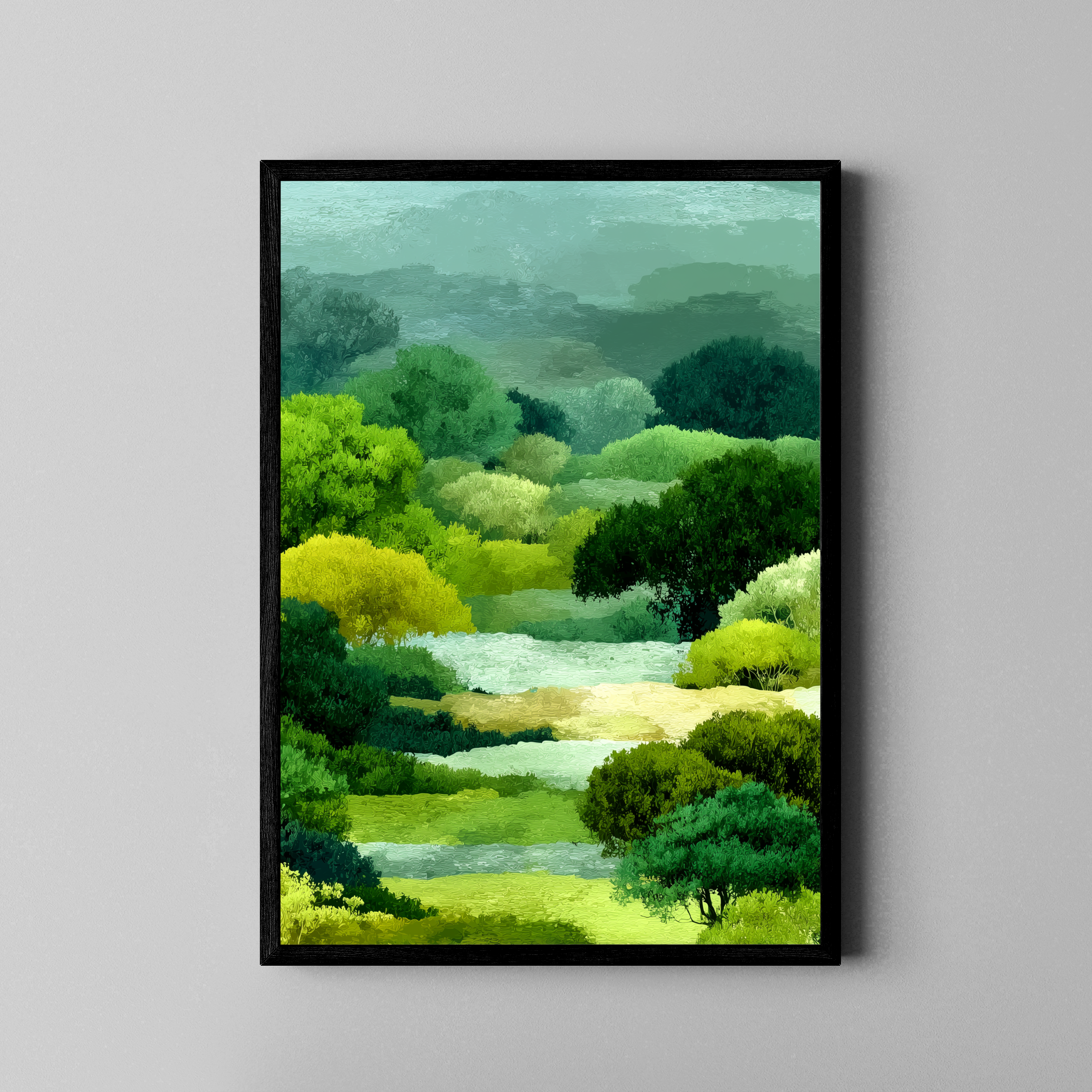 Üppige grüne Waldlandschaft mit Bach im impressionistischen Malstil – Fine Art Poster im schwarzen Rahmen