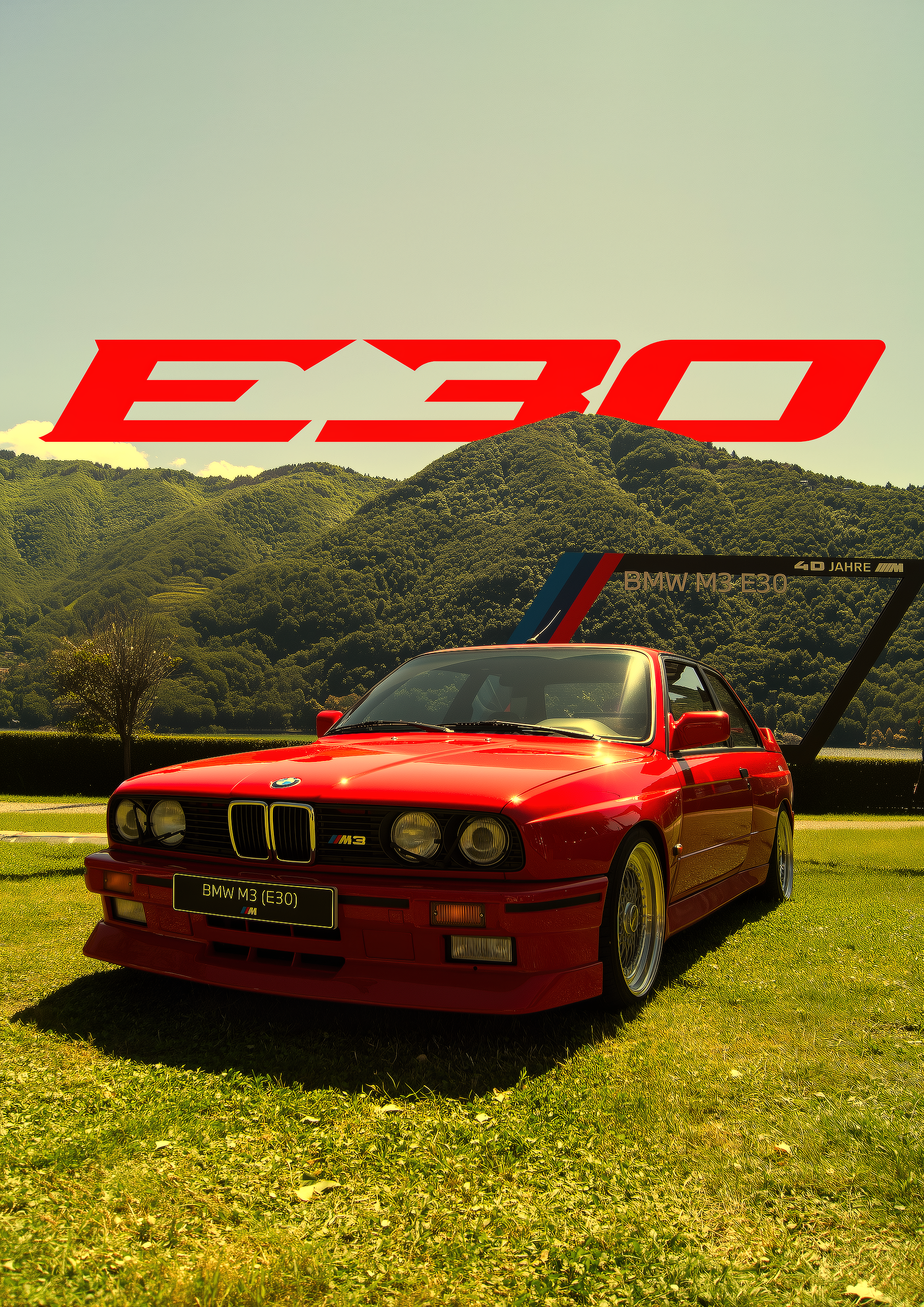 M3 Myself and I – BMW M3 E30 rot Berglandschaft frontal | Automotive-Foto-Optik – eleganter Kunstdruck