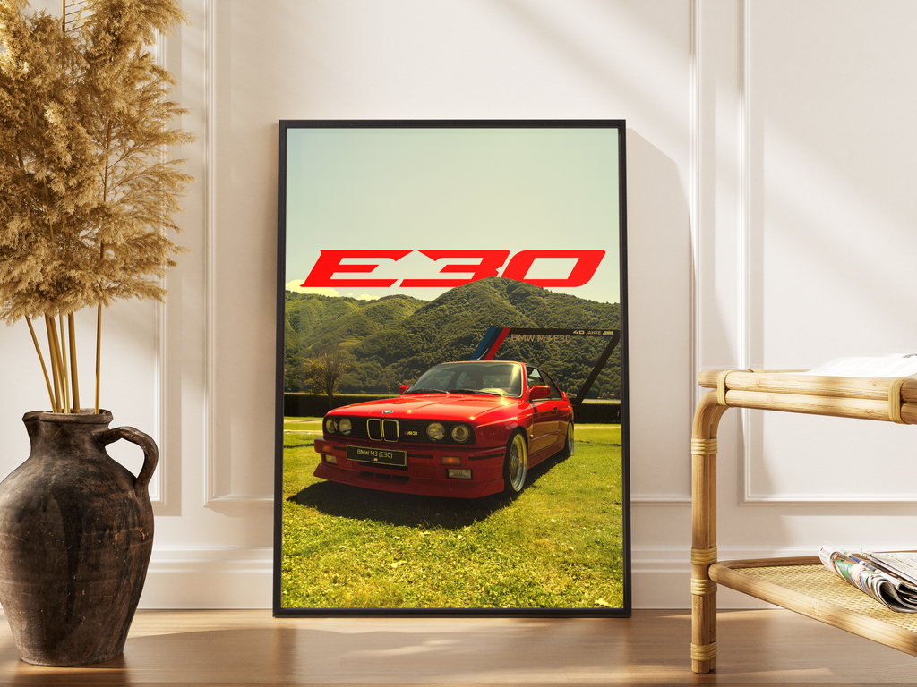 M3 Myself and I – BMW M3 E30 Fine Art Poster rot | Retro-Car-Druck – gerahmtes Poster kaufen