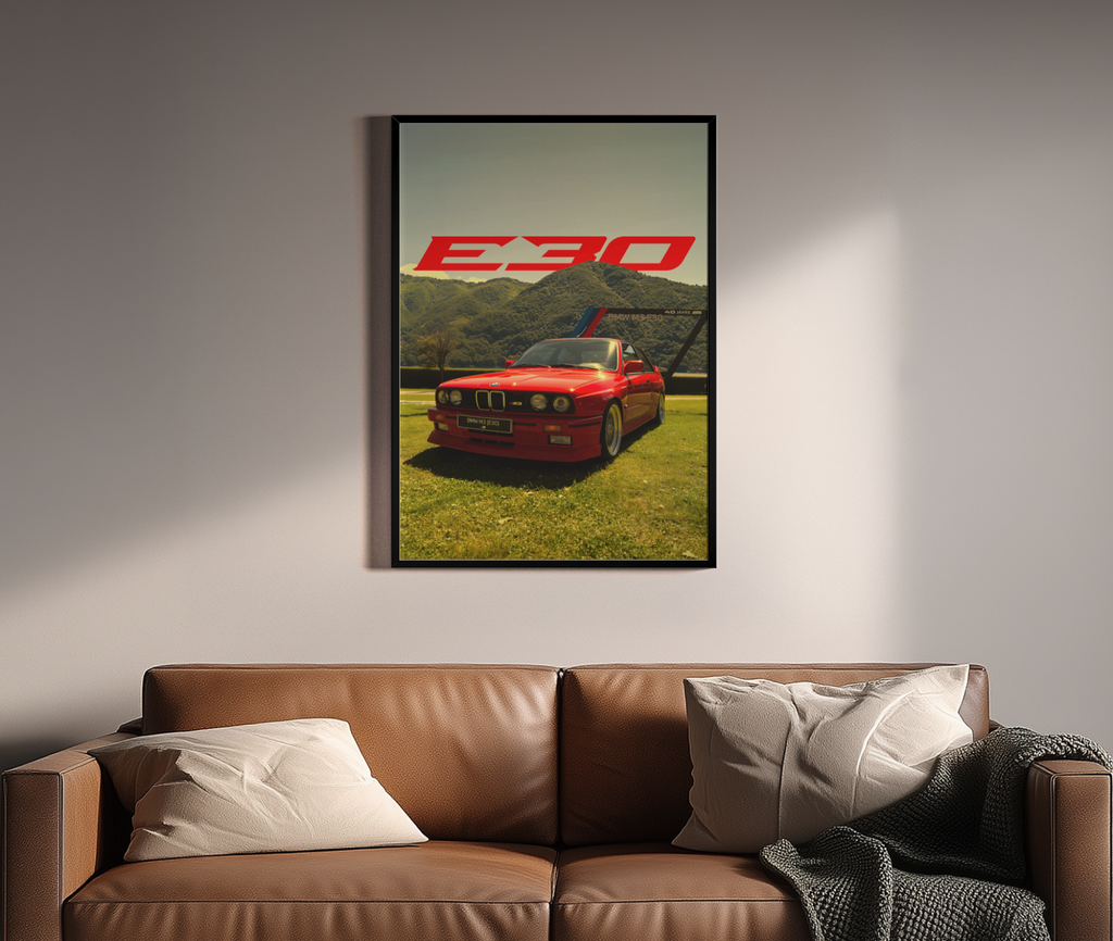 M3 Myself and I – BMW M3 E30 Oldtimer rot cinematic | Fotografie-Optik – Wandbild über braunem Ledersofa