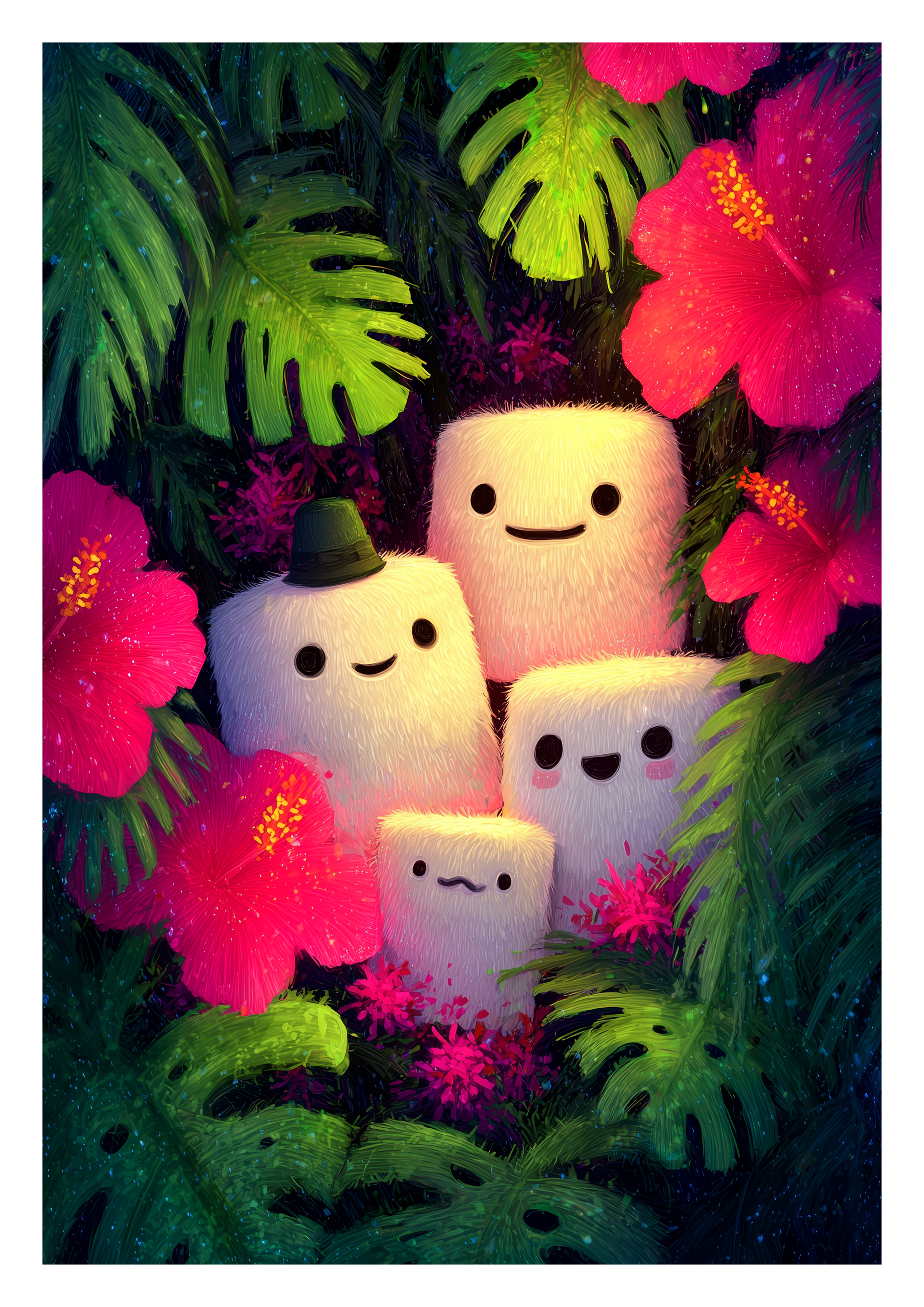 Leuchtende Marshmallow-Figuren im tropischen Dschungel mit Hibiskus – verspielter Kawaii Kunstdruck
