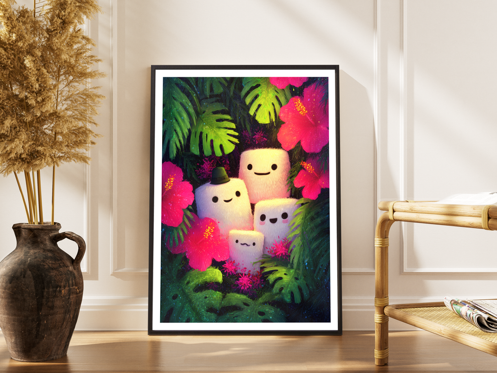 Leuchtende Marshmallow-Figuren im tropischen Dschungel mit Hibiskus – gerahmter Kawaii Kunstdruck kaufen