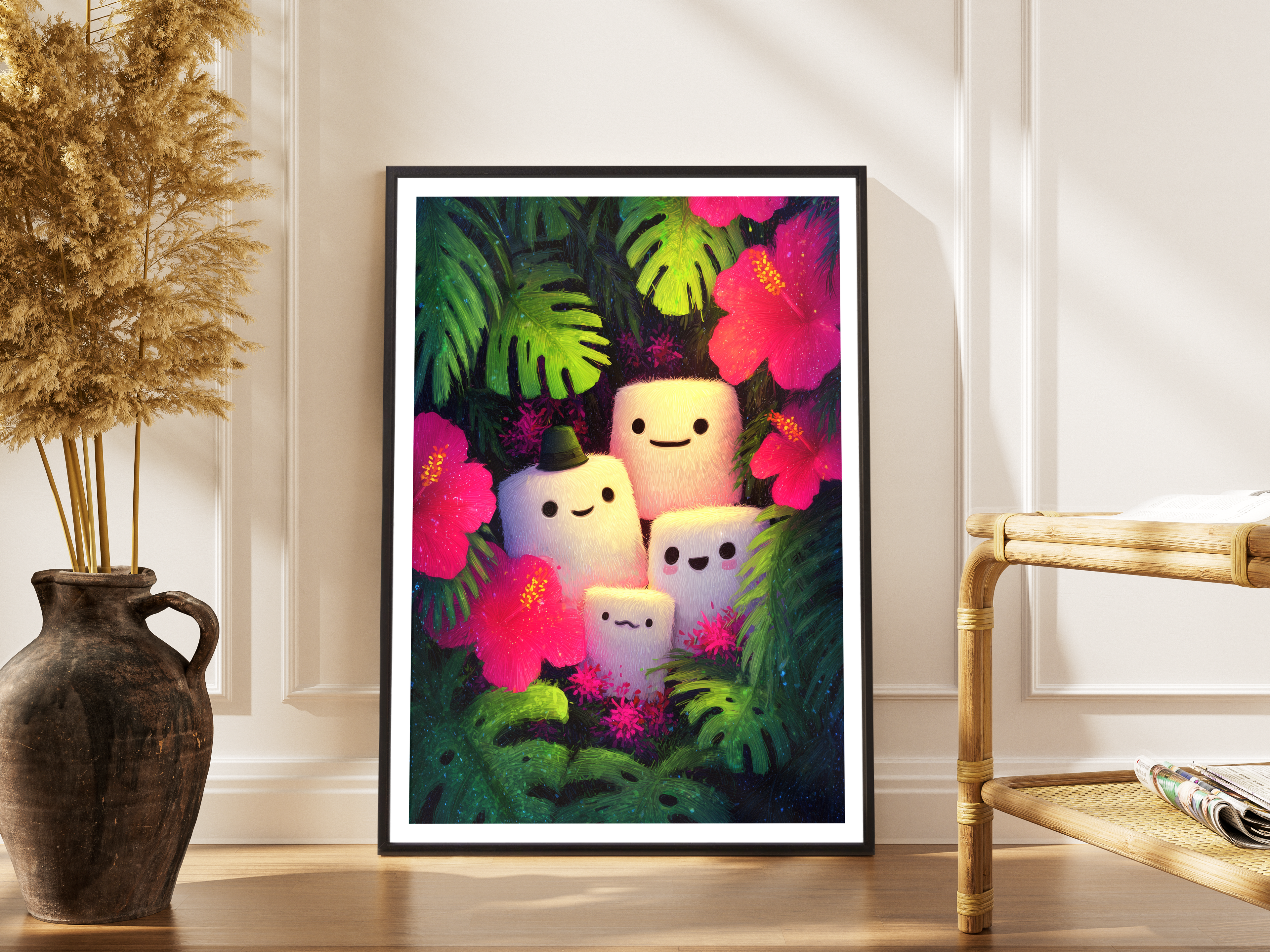 Leuchtende Marshmallow-Figuren im tropischen Dschungel mit Hibiskus – gerahmter Kawaii Kunstdruck kaufen