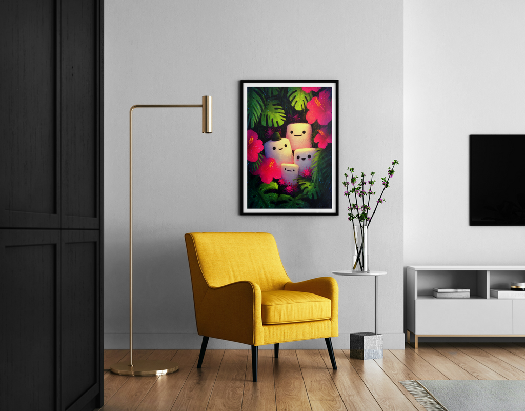 Leuchtende Marshmallow-Figuren im tropischen Dschungel mit Hibiskus – verspielter Kawaii Poster im modernen Wohnzimmer