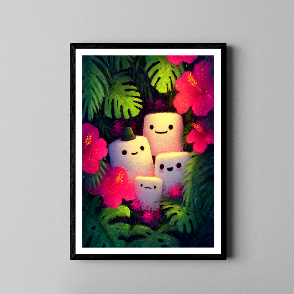 Leuchtende Marshmallow-Figuren im tropischen Dschungel mit Hibiskus – Kawaii Poster im schwarzen Rahmen