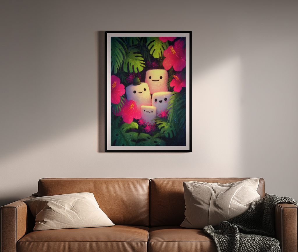 Leuchtende Marshmallow-Figuren im tropischen Dschungel mit Hibiskus – Wandbild über braunem Ledersofa