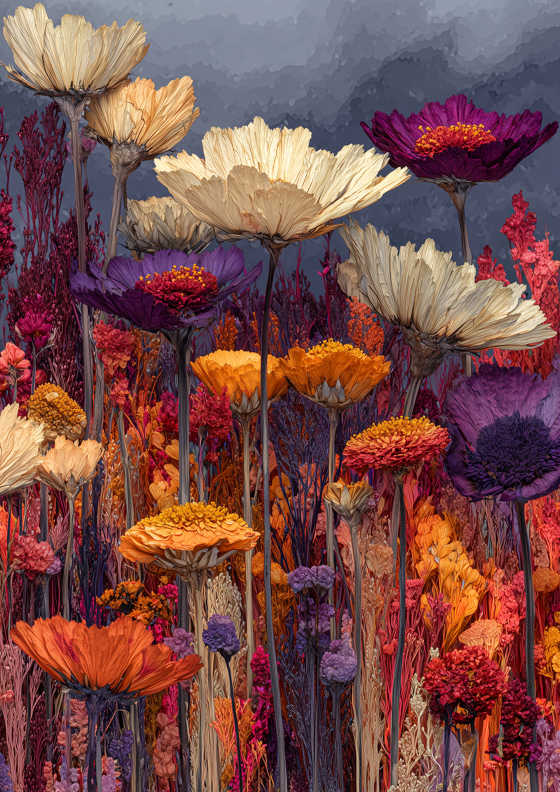Farbintensive Wildblumenwiese in Lila und Orange vor dunklem Himmel – botanischer Fine Art Kunstdruck