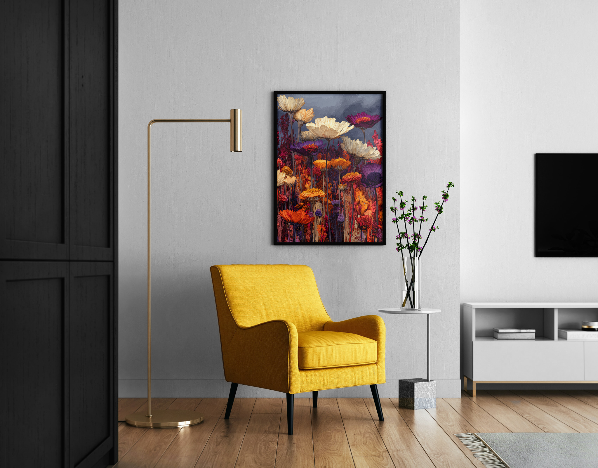 Farbintensive Wildblumenwiese in Lila und Orange vor dunklem Himmel – botanischer Poster im modernen Wohnzimmer