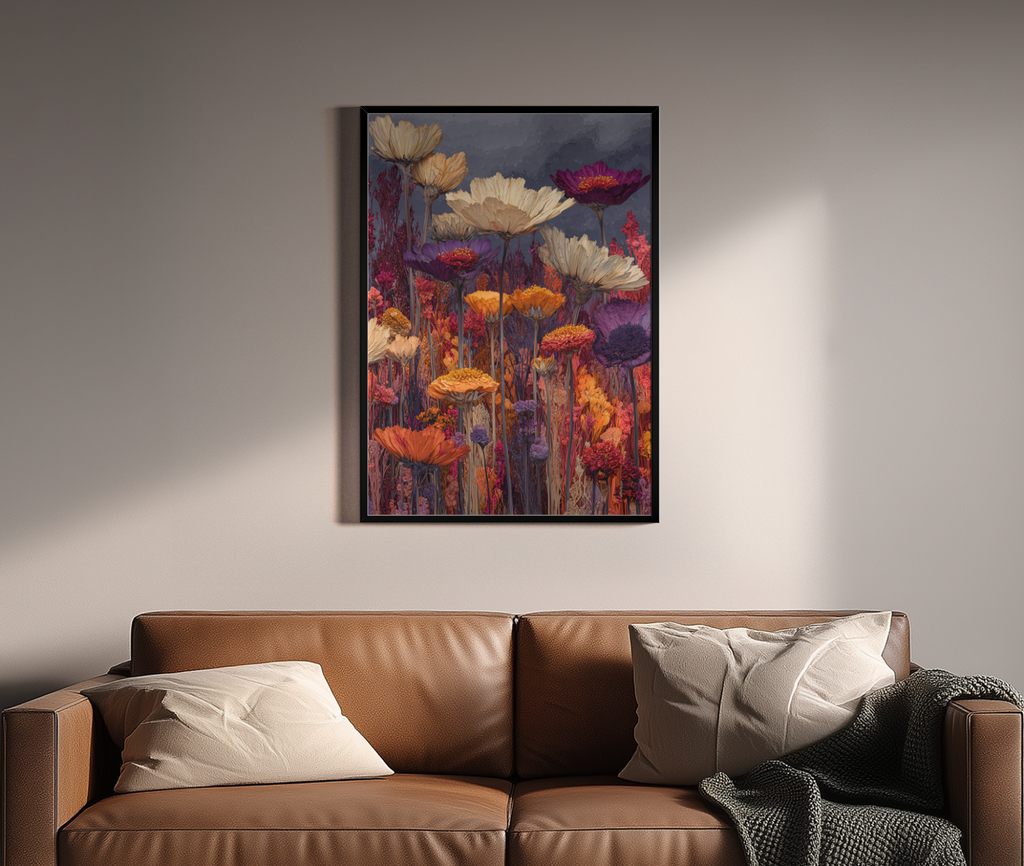Farbintensive Wildblumenwiese in Lila und Orange vor dunklem Himmel – Wandbild über braunem Ledersofa
