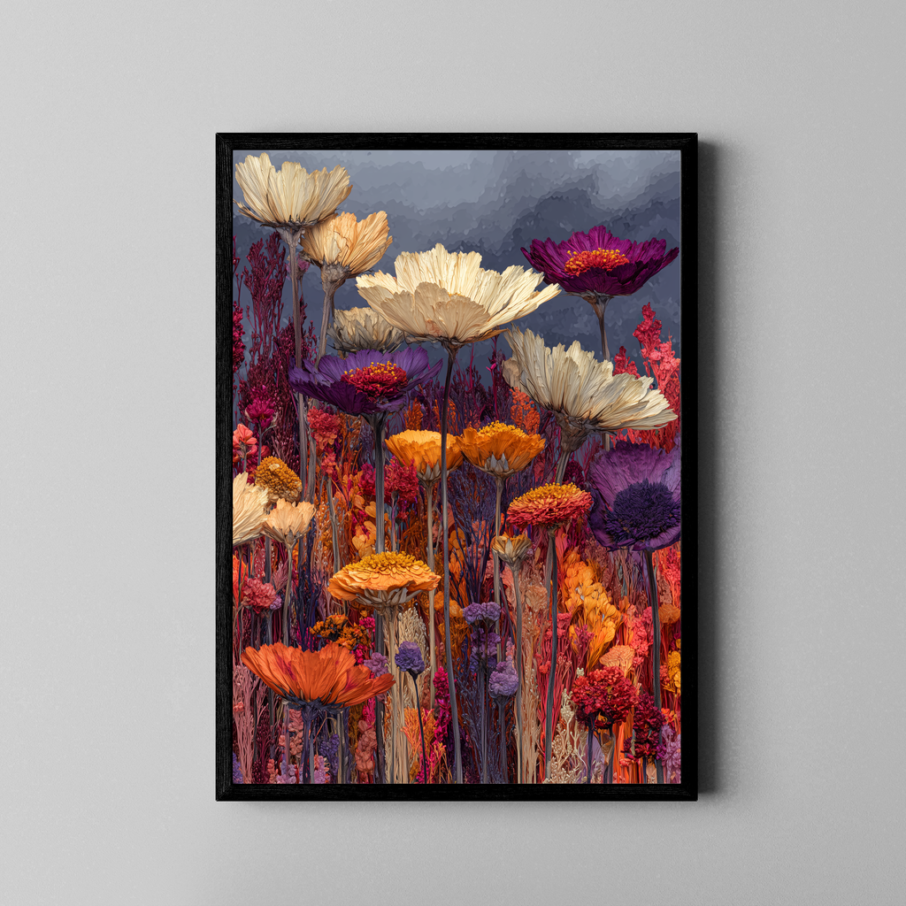 Farbintensive Wildblumenwiese in Lila und Orange vor dunklem Himmel – Fine Art Poster im schwarzen Rahmen