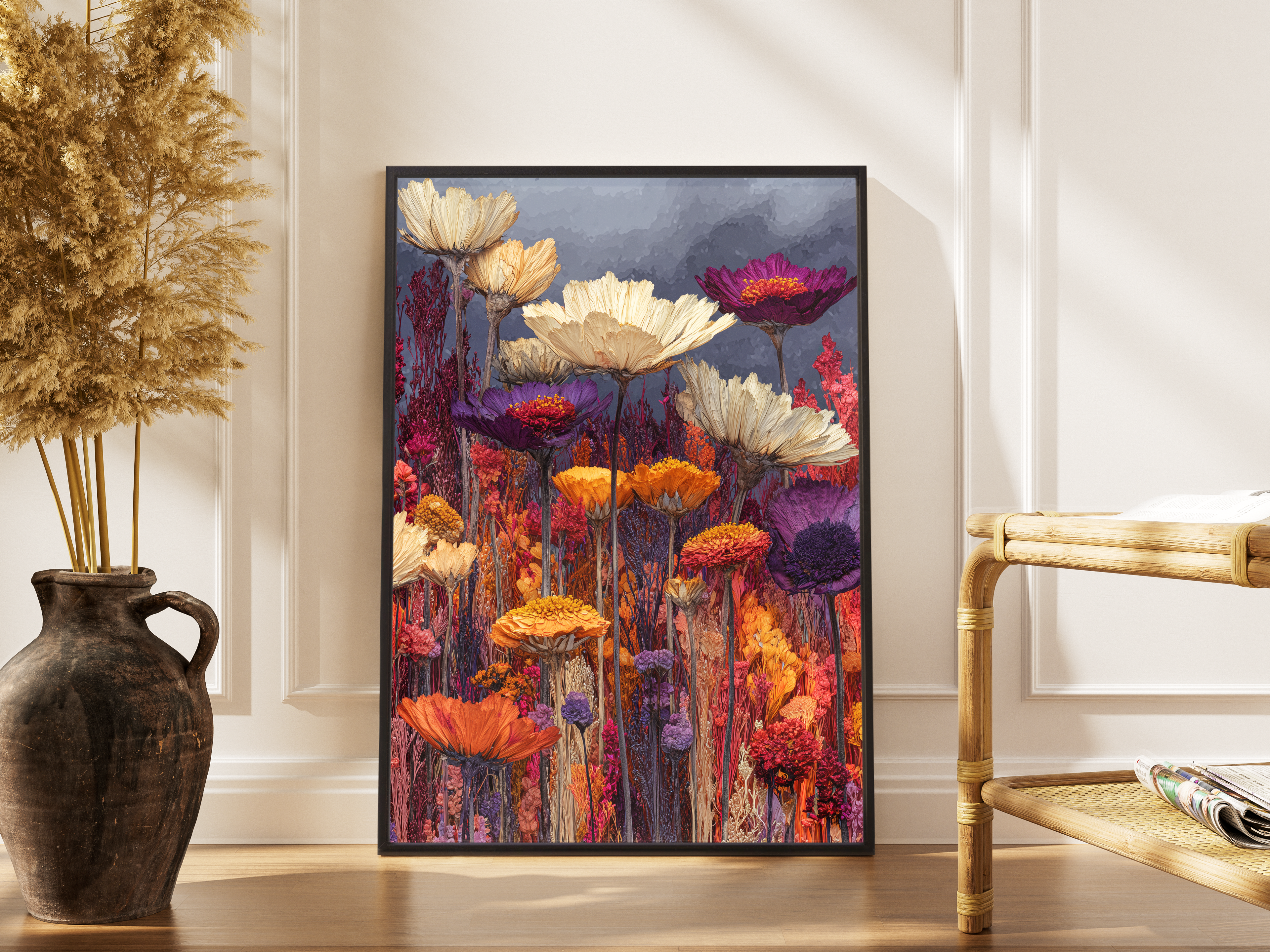 Farbintensive Wildblumenwiese in Lila und Orange vor dunklem Himmel – gerahmter Kunstdruck kaufen