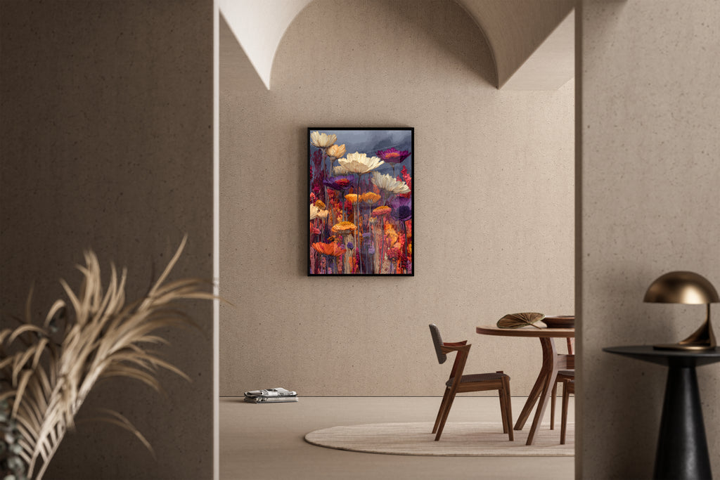 Farbintensive Wildblumenwiese in Lila und Orange vor dunklem Himmel – Kunstdruck im mediterranen Esszimmer
