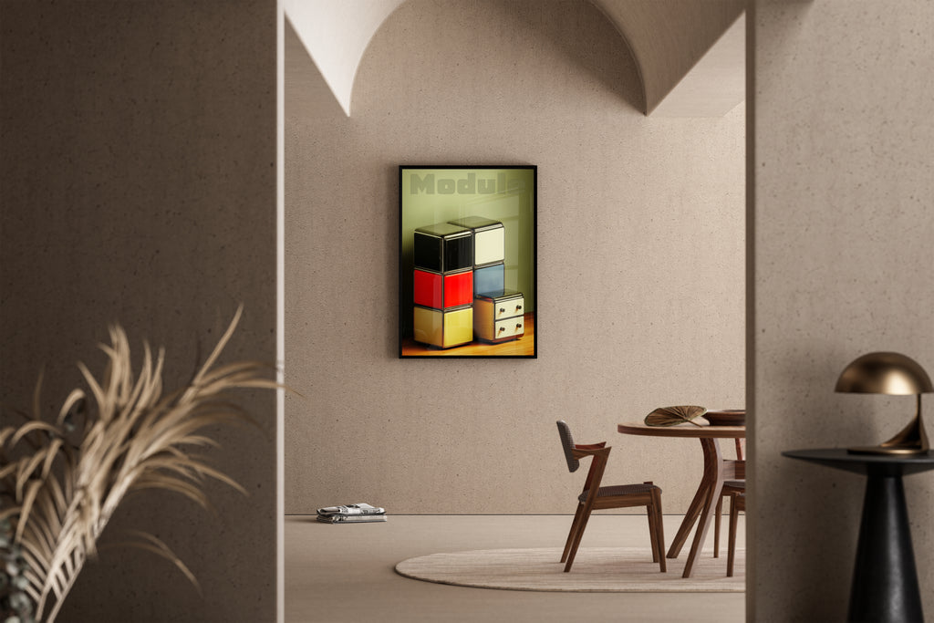 Modulare Retro-Schränke in Bauhaus-Farben mit Module Schriftzug – Kunstdruck im mediterranen Esszimmer