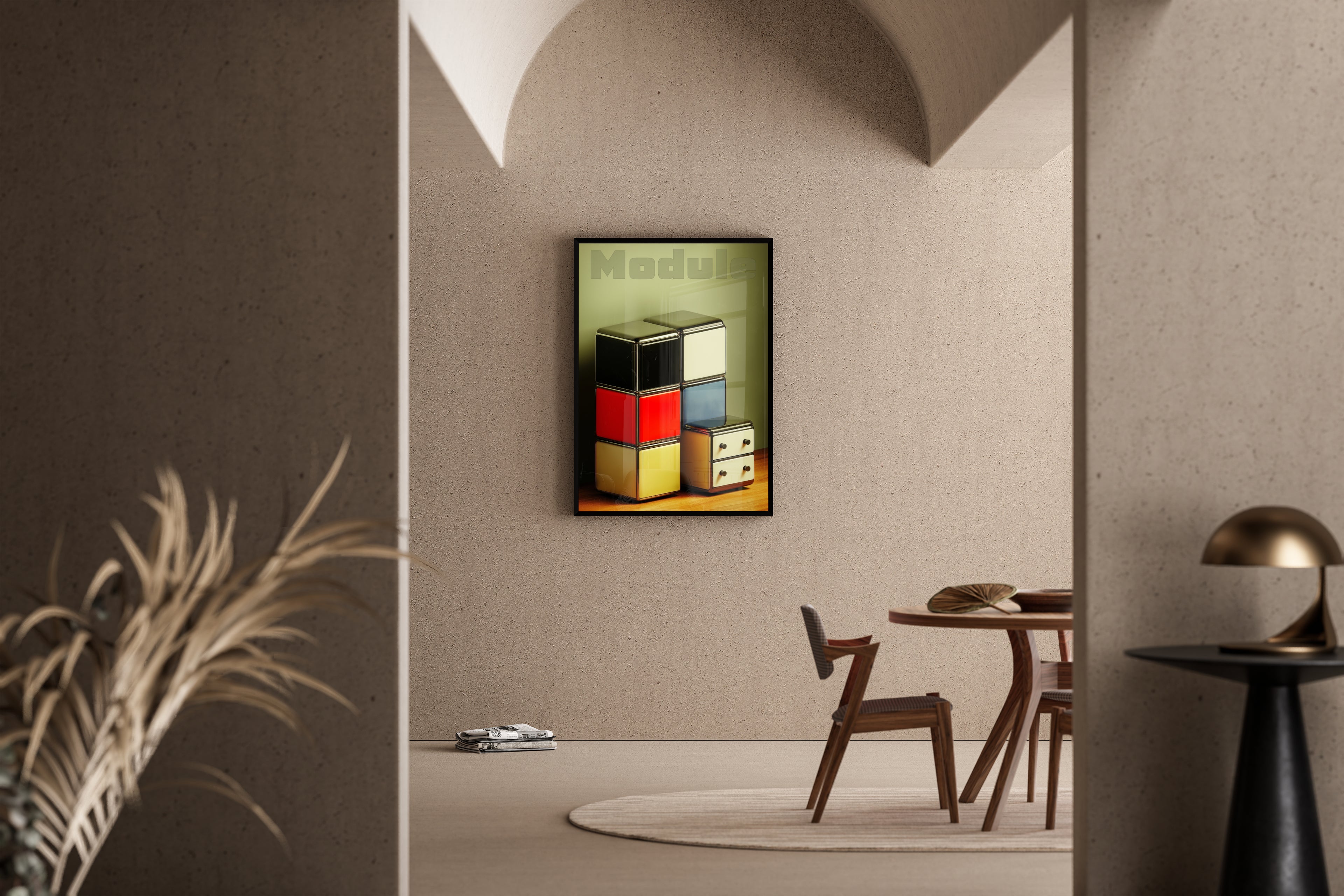 Modulare Retro-Schränke in Bauhaus-Farben mit Module Schriftzug – Kunstdruck im mediterranen Esszimmer