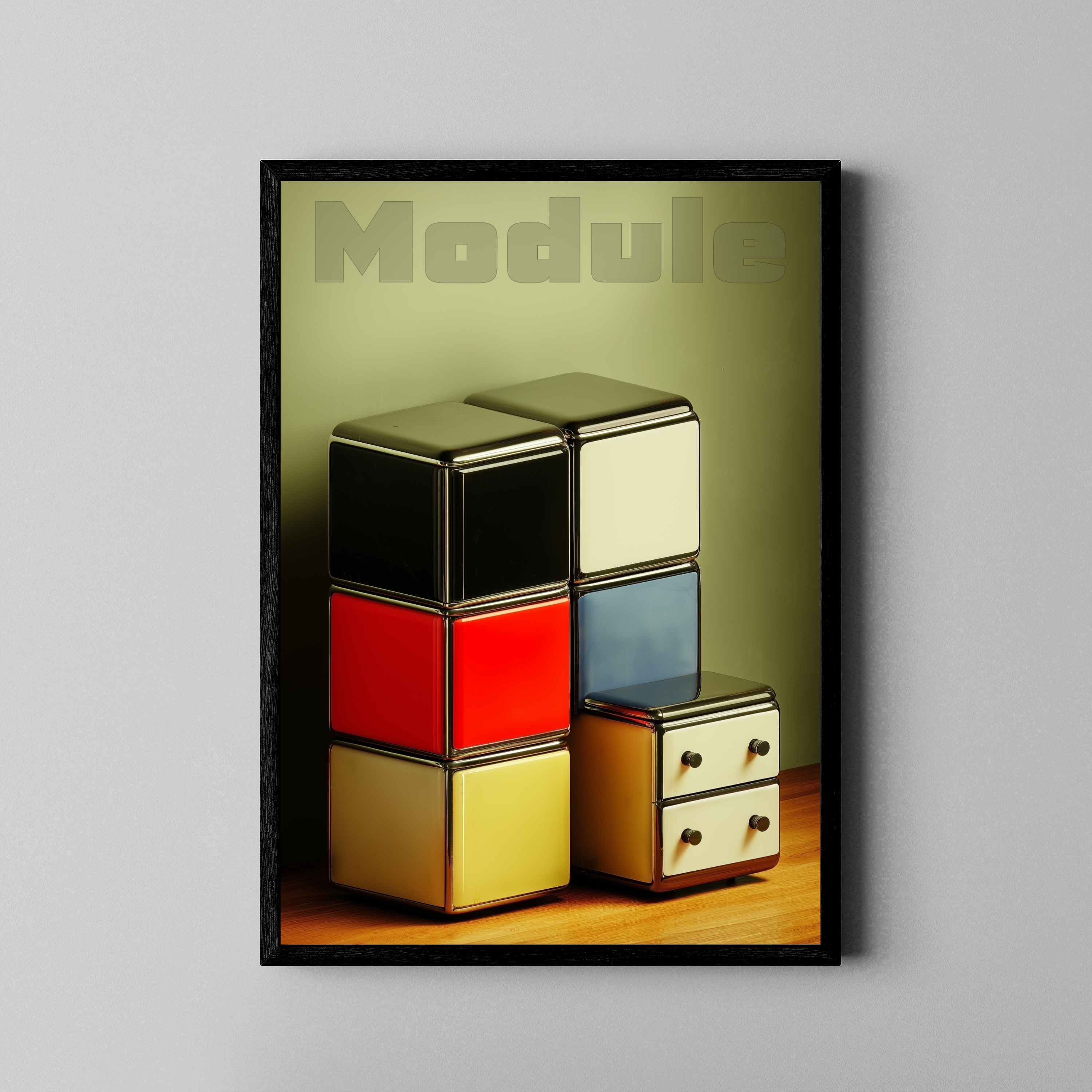 Modulare Retro-Schränke in Bauhaus-Farben mit Module Schriftzug – Design Poster im schwarzen Rahmen