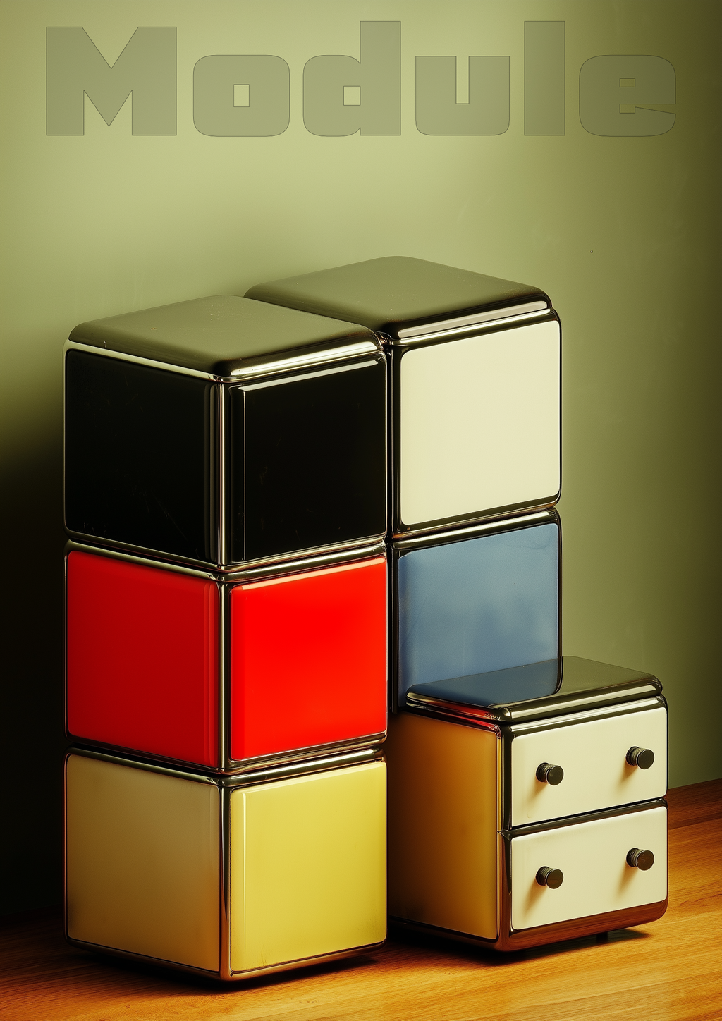 Modulare Retro-Schränke in Bauhaus-Farben mit Module Schriftzug – Design Kunstdruck